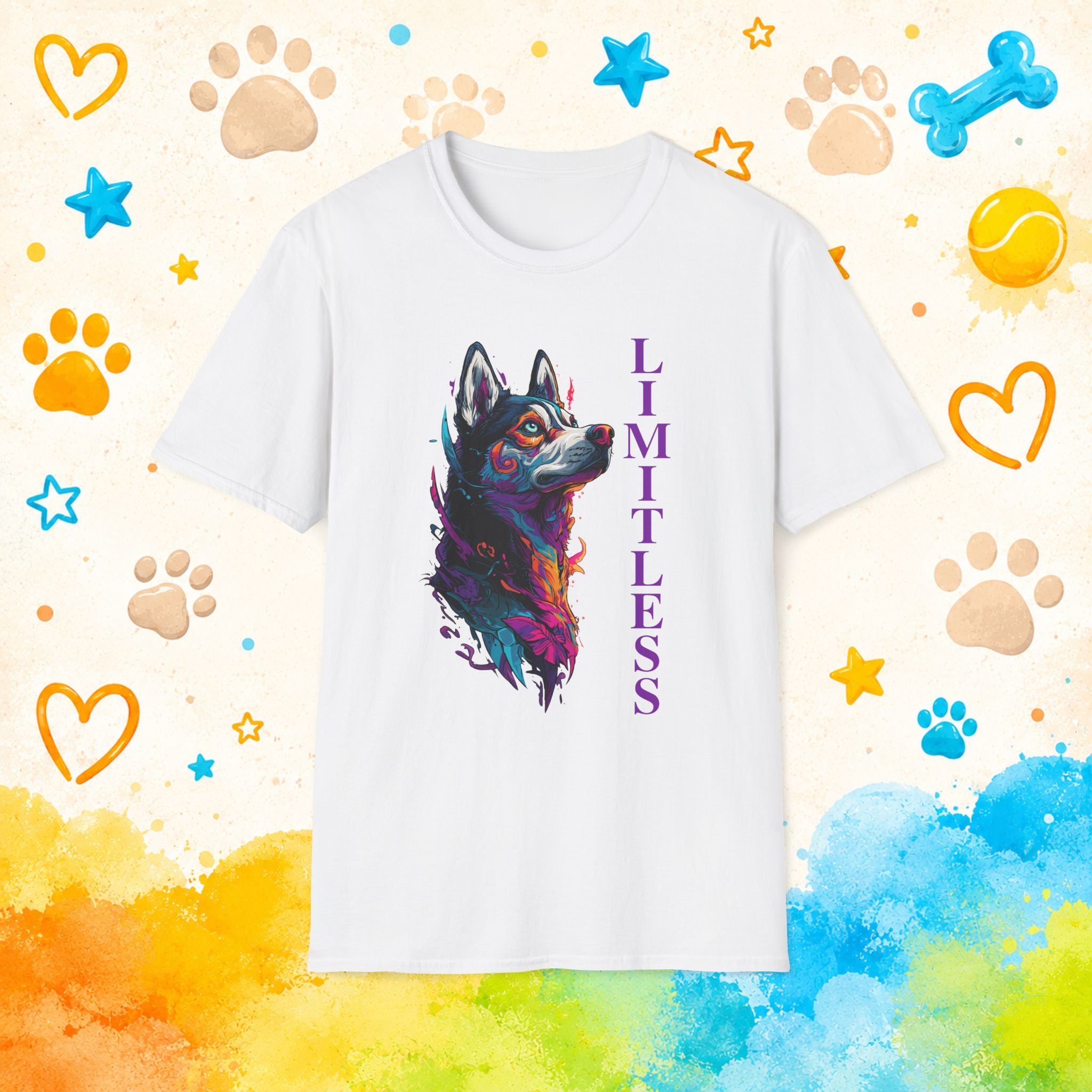 Limitless | Colorful Siberian Husky Graphic T-Shirt | Husky Personality Art Tee for Dog Lovers