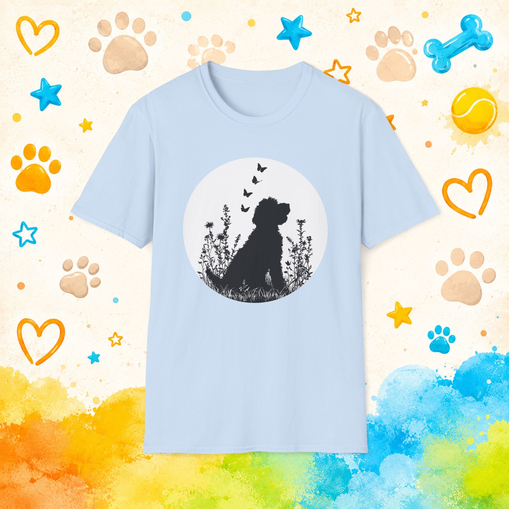 Goldendoodle Silhouette Floral Meadow Butterflies T-Shirt