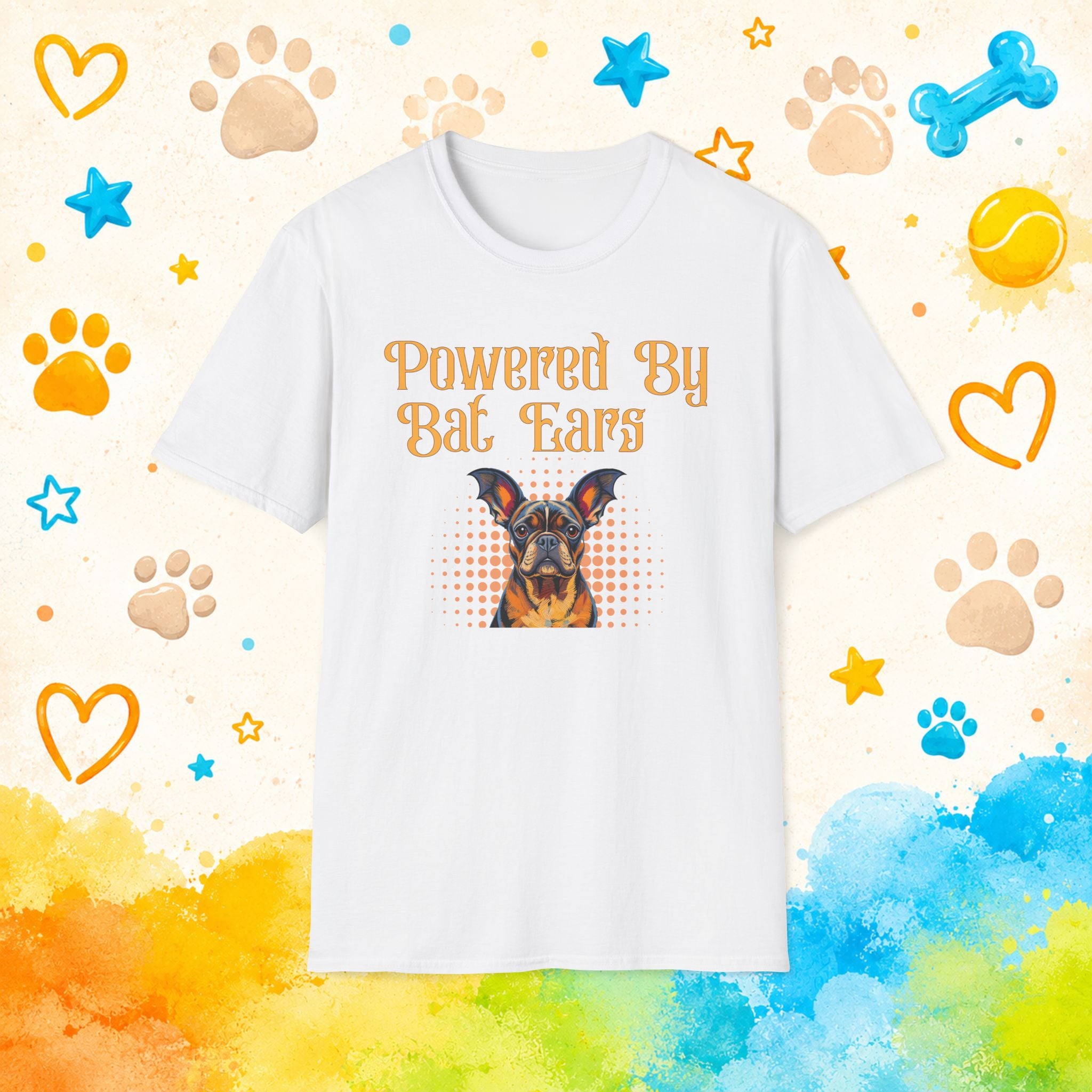 Dog Lover T-Shirt — "Powered By Bat Ears" Cute French Bulldog Graphic Tee