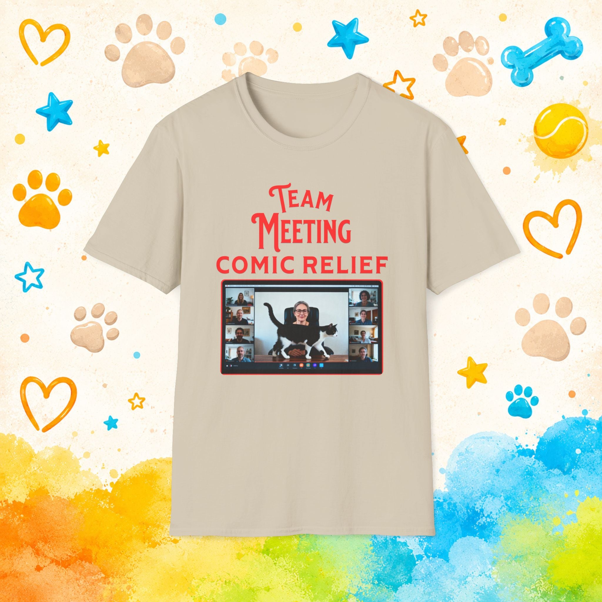 Team Meeting: Comic Relief Funny Cat T-Shirt – Zoom Meeting Cat Humor Tee