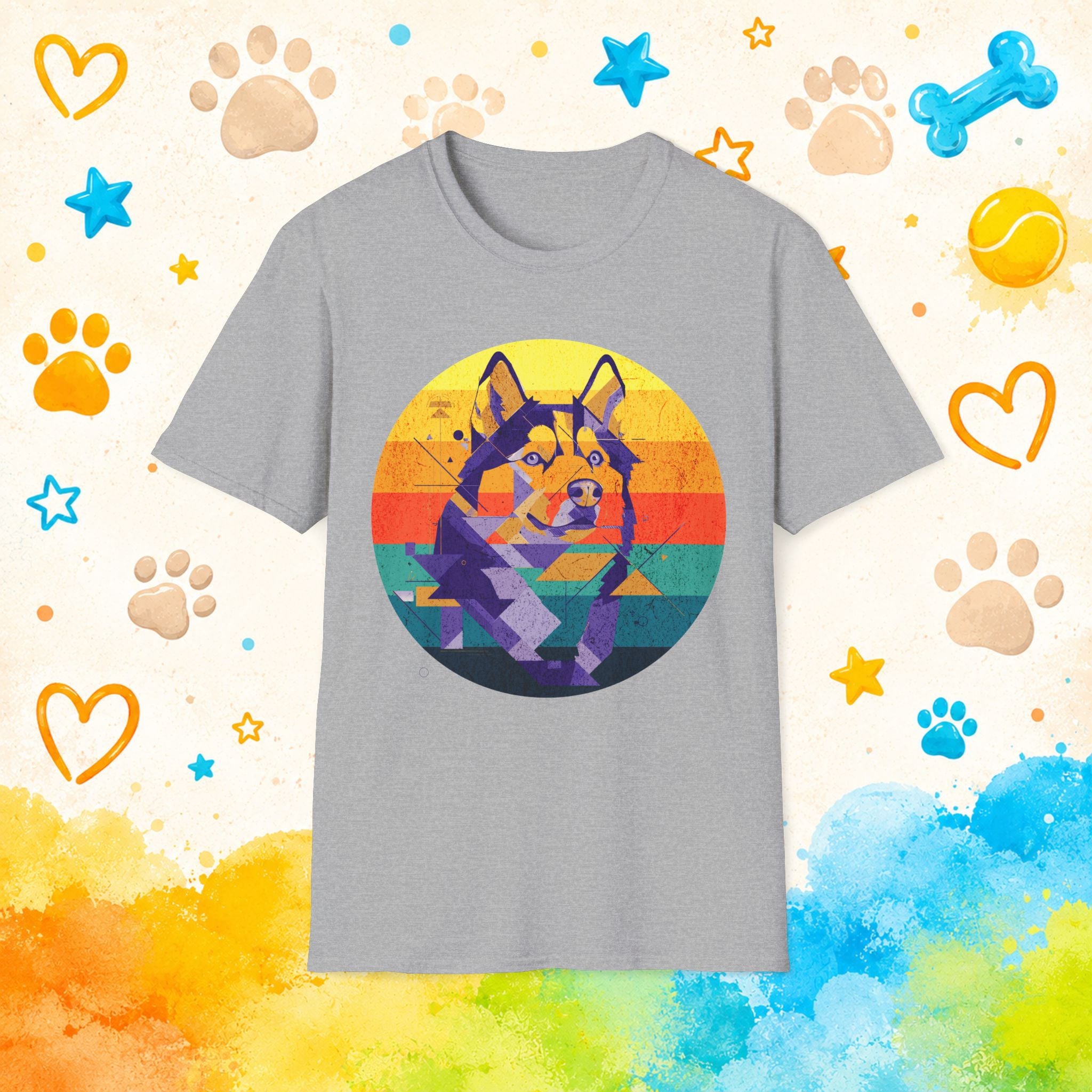 Retro Geometric Siberian Husky T-Shirt – Vaporwave Sunset Dog Art Graphic Tee