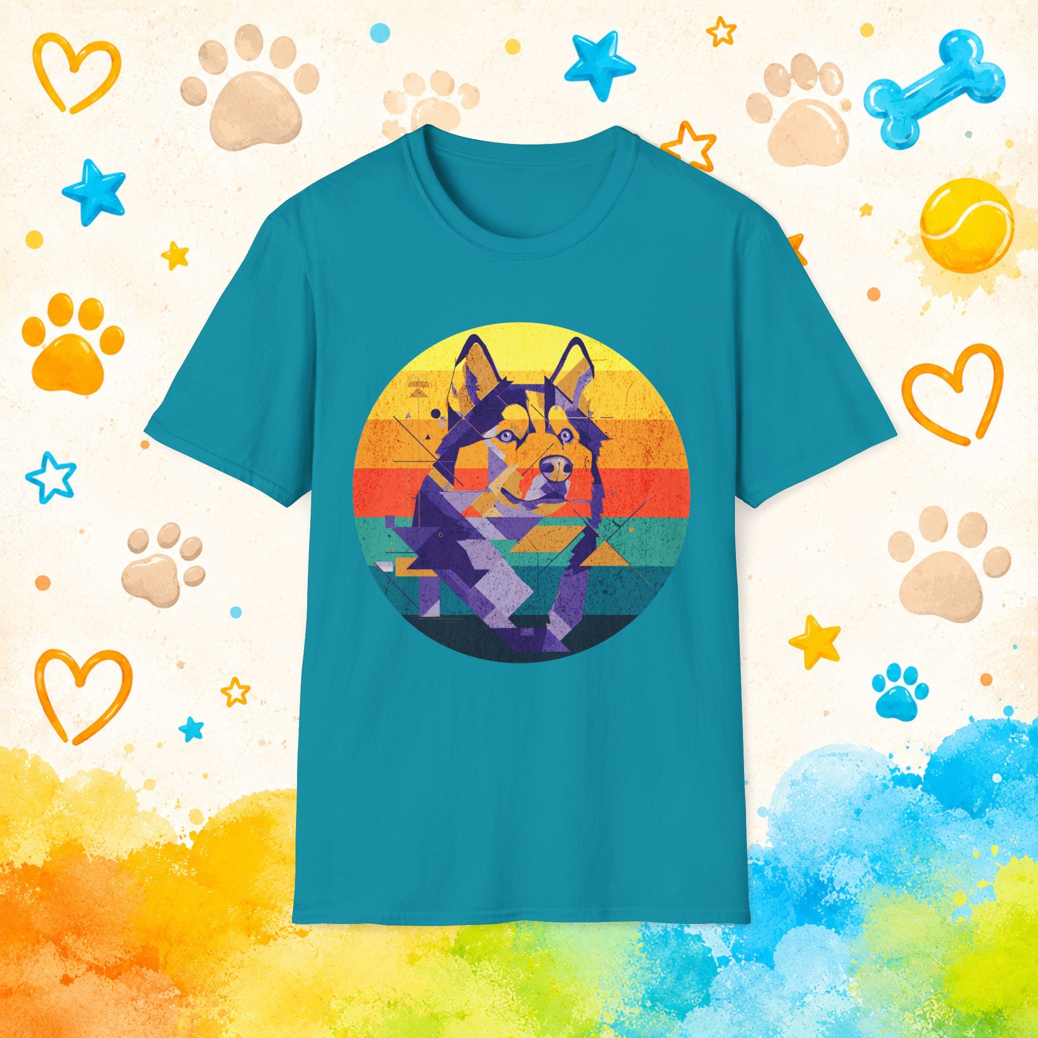 Retro Geometric Siberian Husky T-Shirt – Vaporwave Sunset Dog Art Graphic Tee