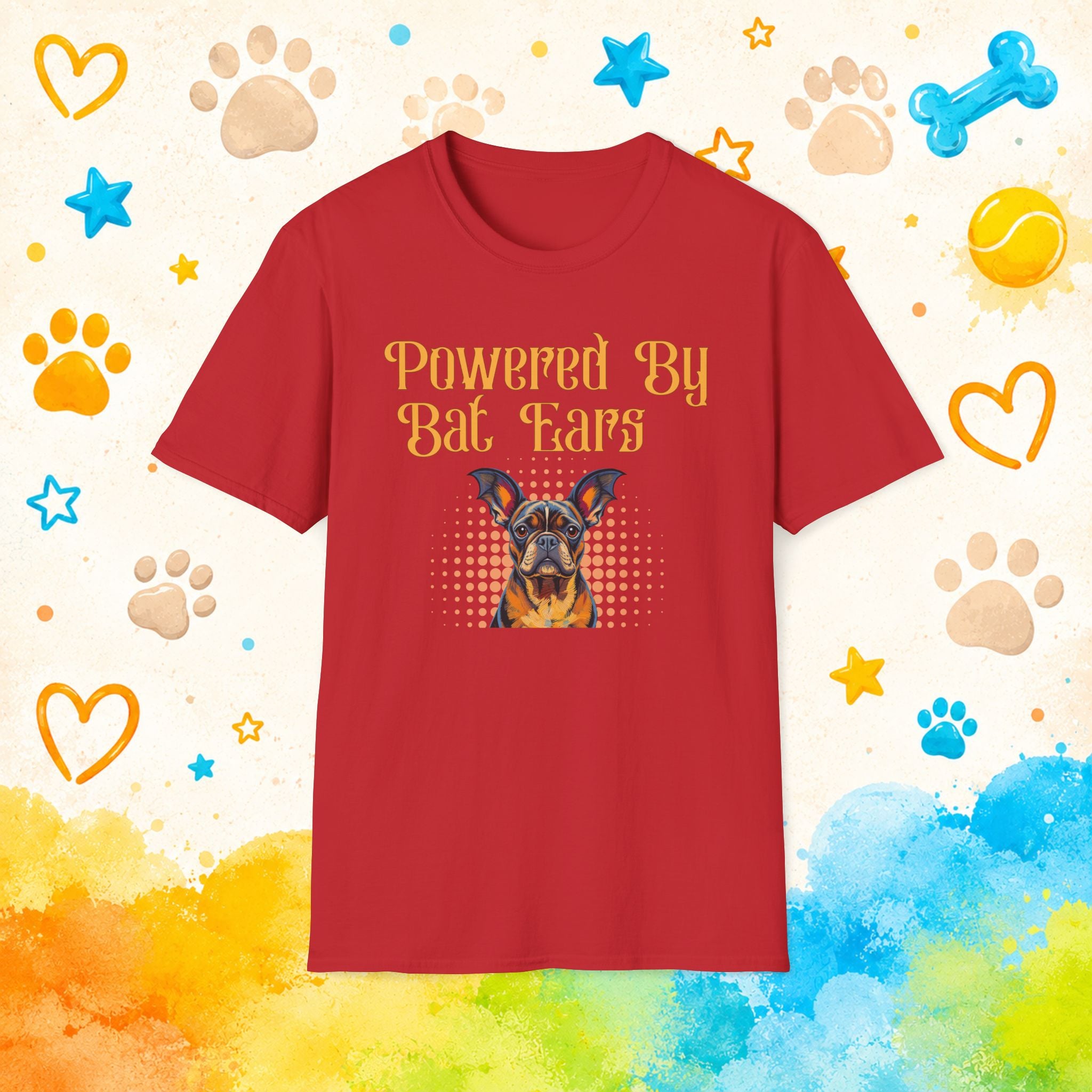 Dog Lover T-Shirt — "Powered By Bat Ears" Cute French Bulldog Graphic Tee