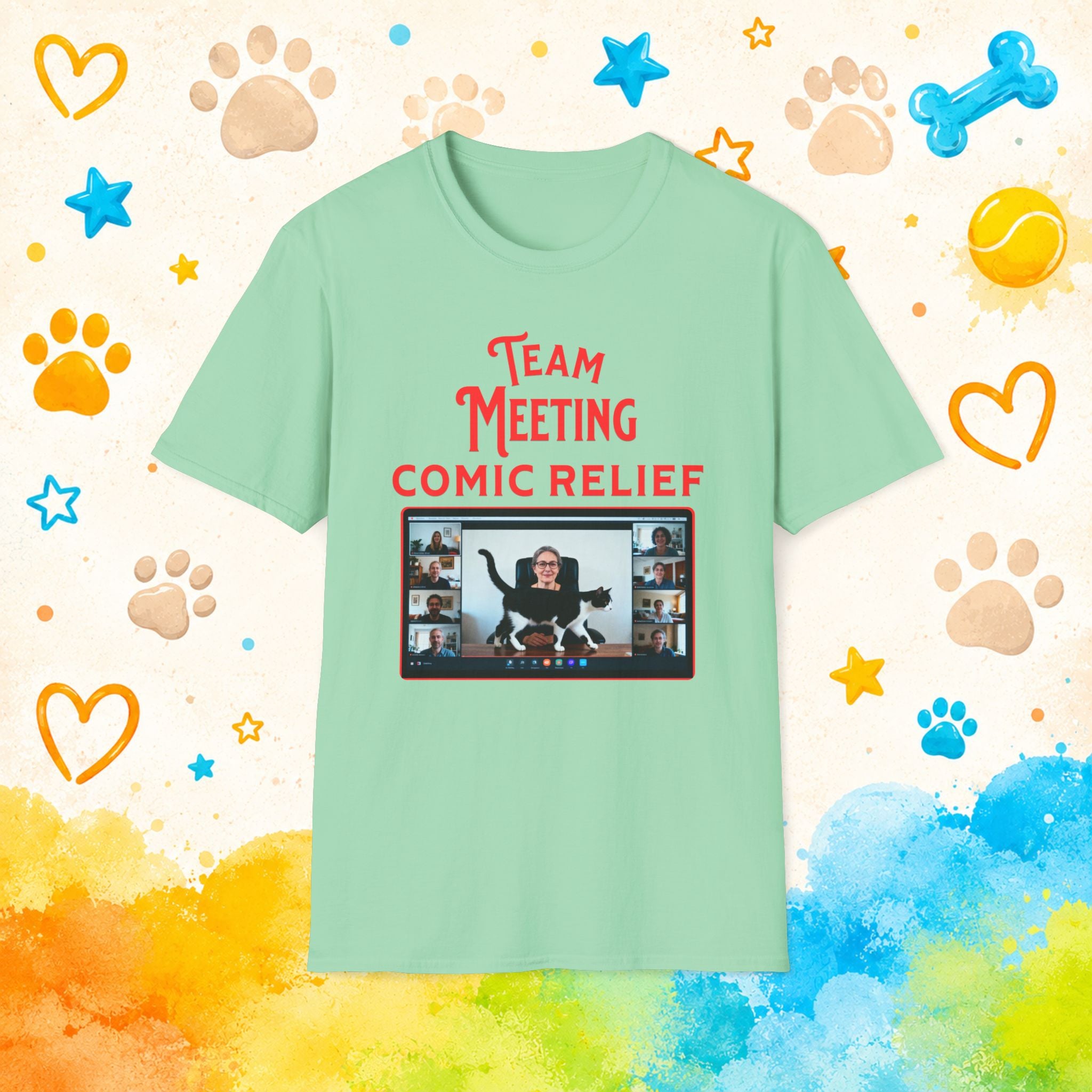 Team Meeting: Comic Relief Funny Cat T-Shirt – Zoom Meeting Cat Humor Tee