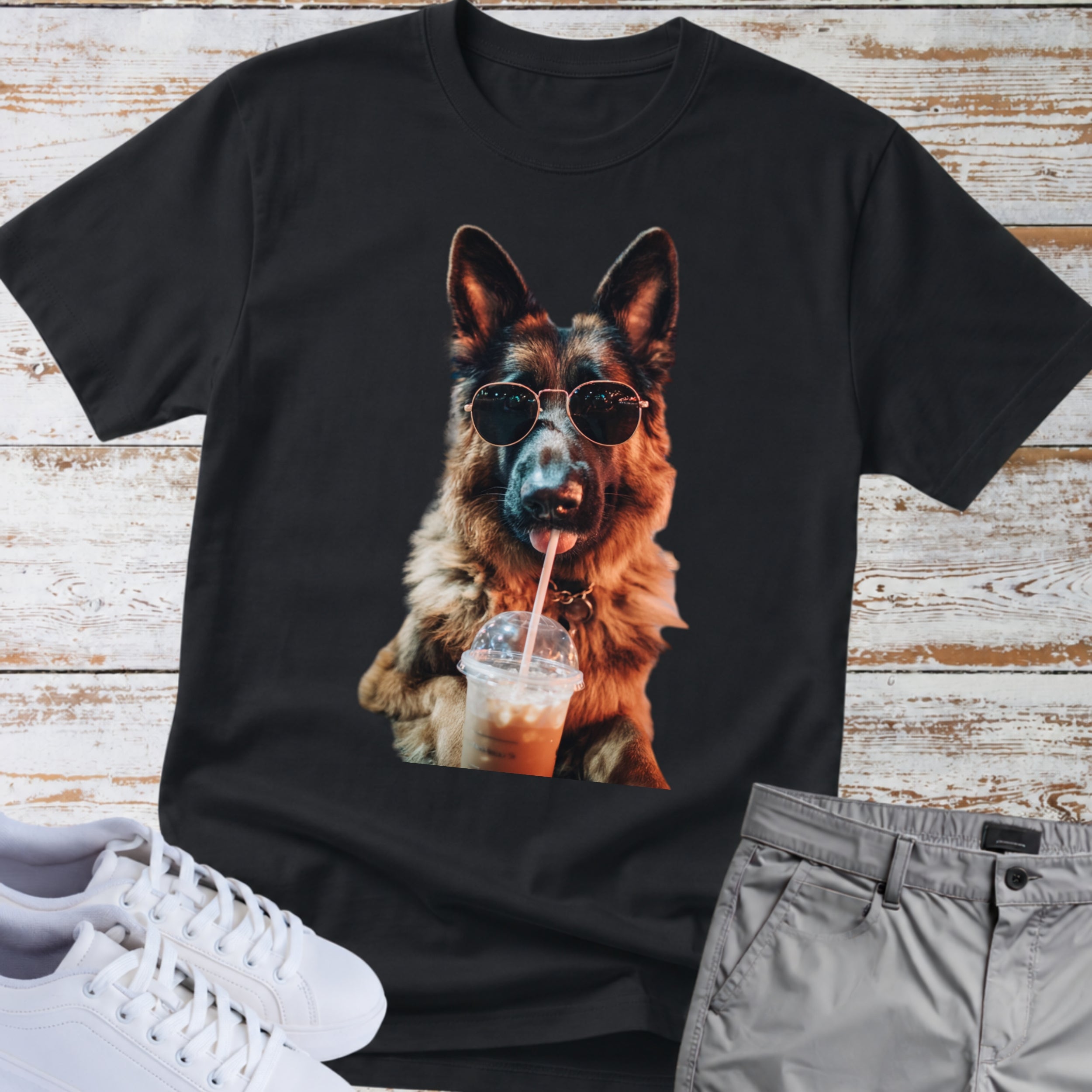 German Shepherd Drinking Iced Coffee T-Shirt