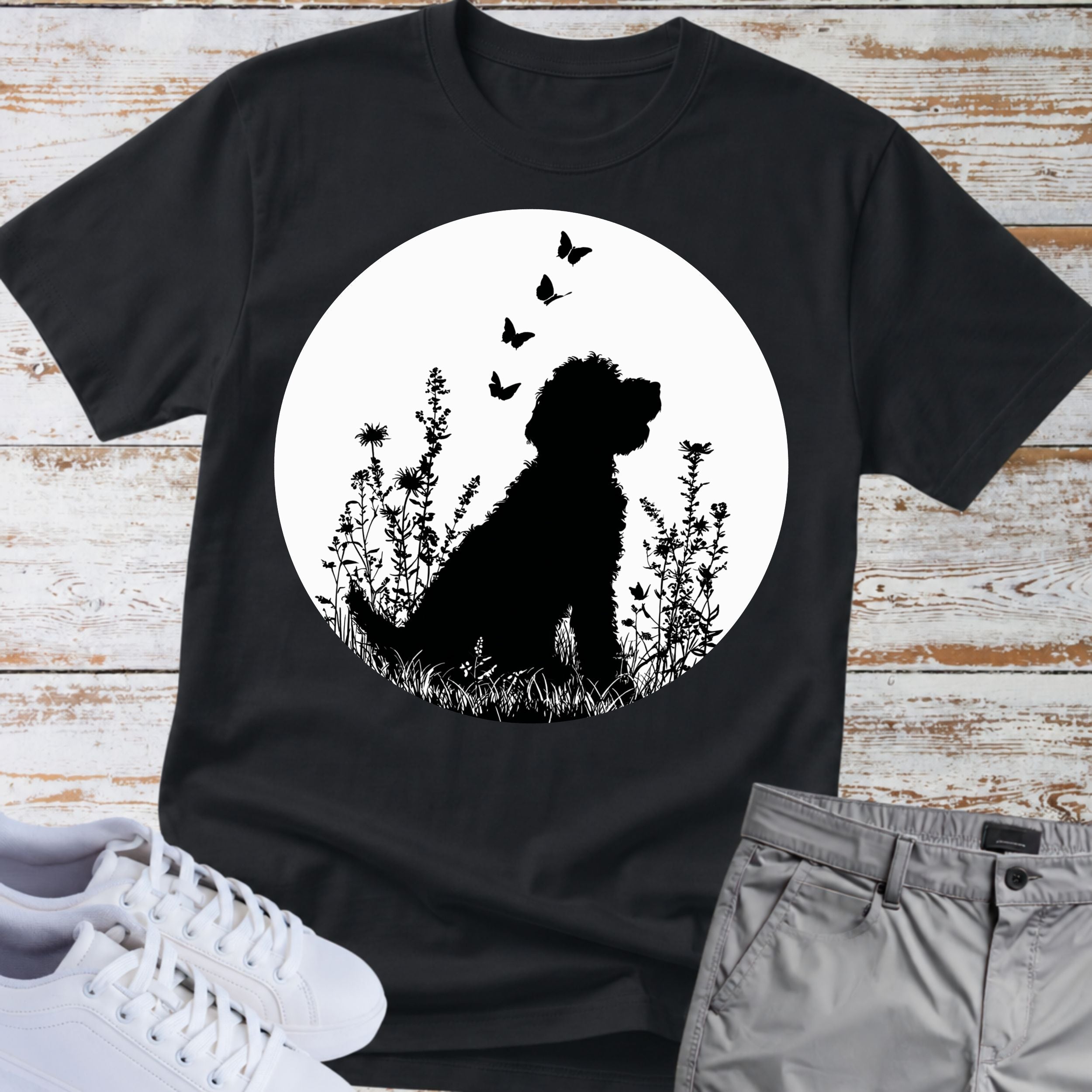 Goldendoodle Silhouette Floral Meadow Butterflies T-Shirt