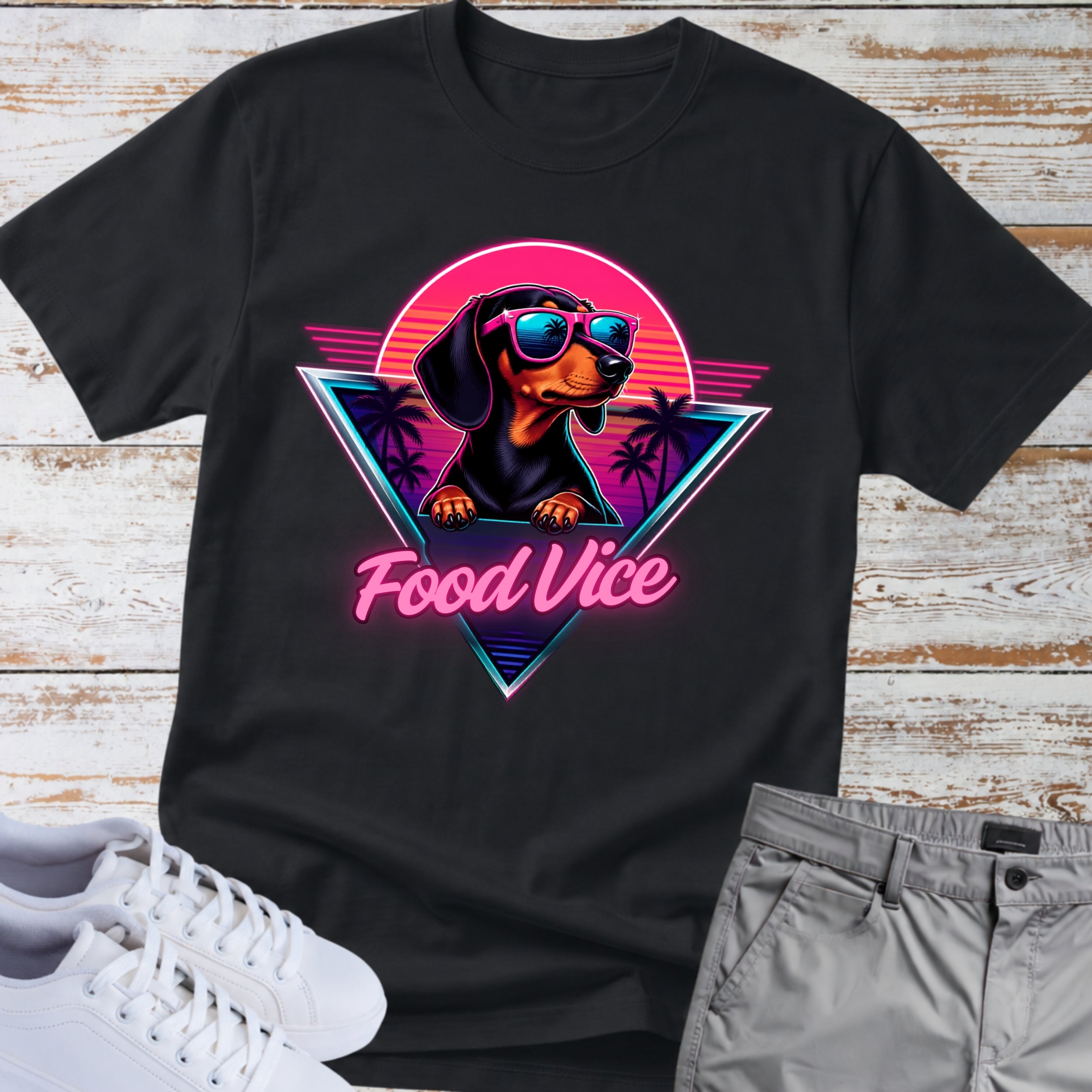 Dachshund Retro Tee — "Food Vice" Sunglasses Dog Graphic