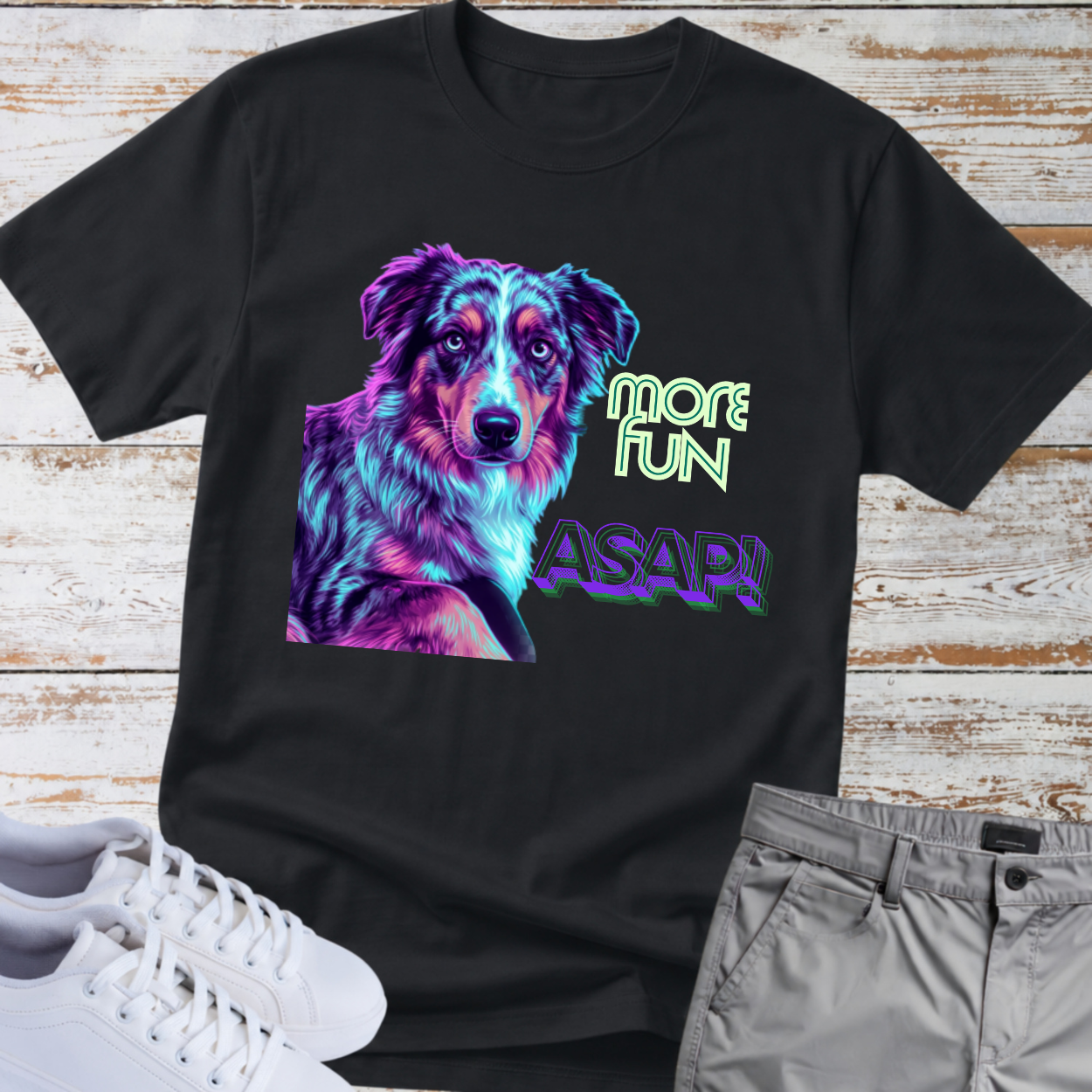 More Fun ASAP! Dog Graphic T-Shirt — Colorful Aussie Portrait Tee