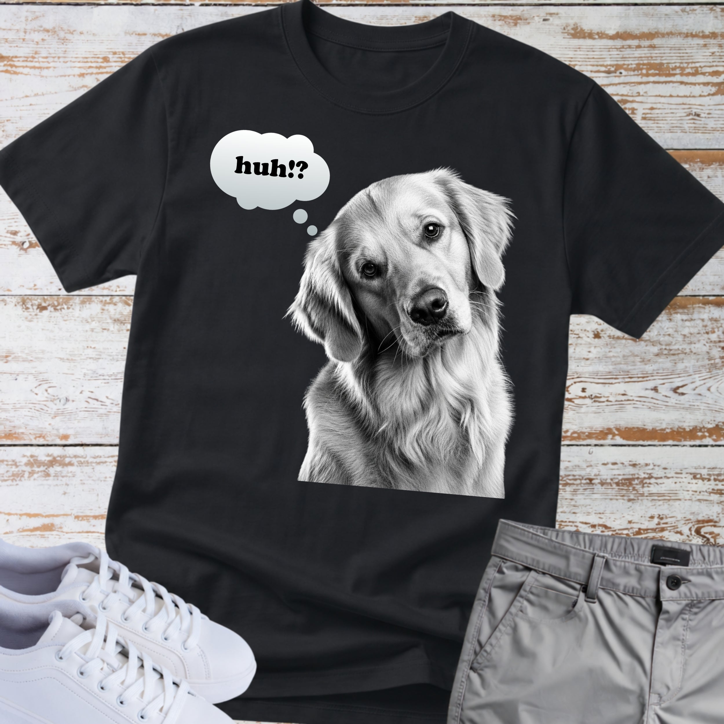 Golden Retriever "huh?" Thought Bubble T-Shirt