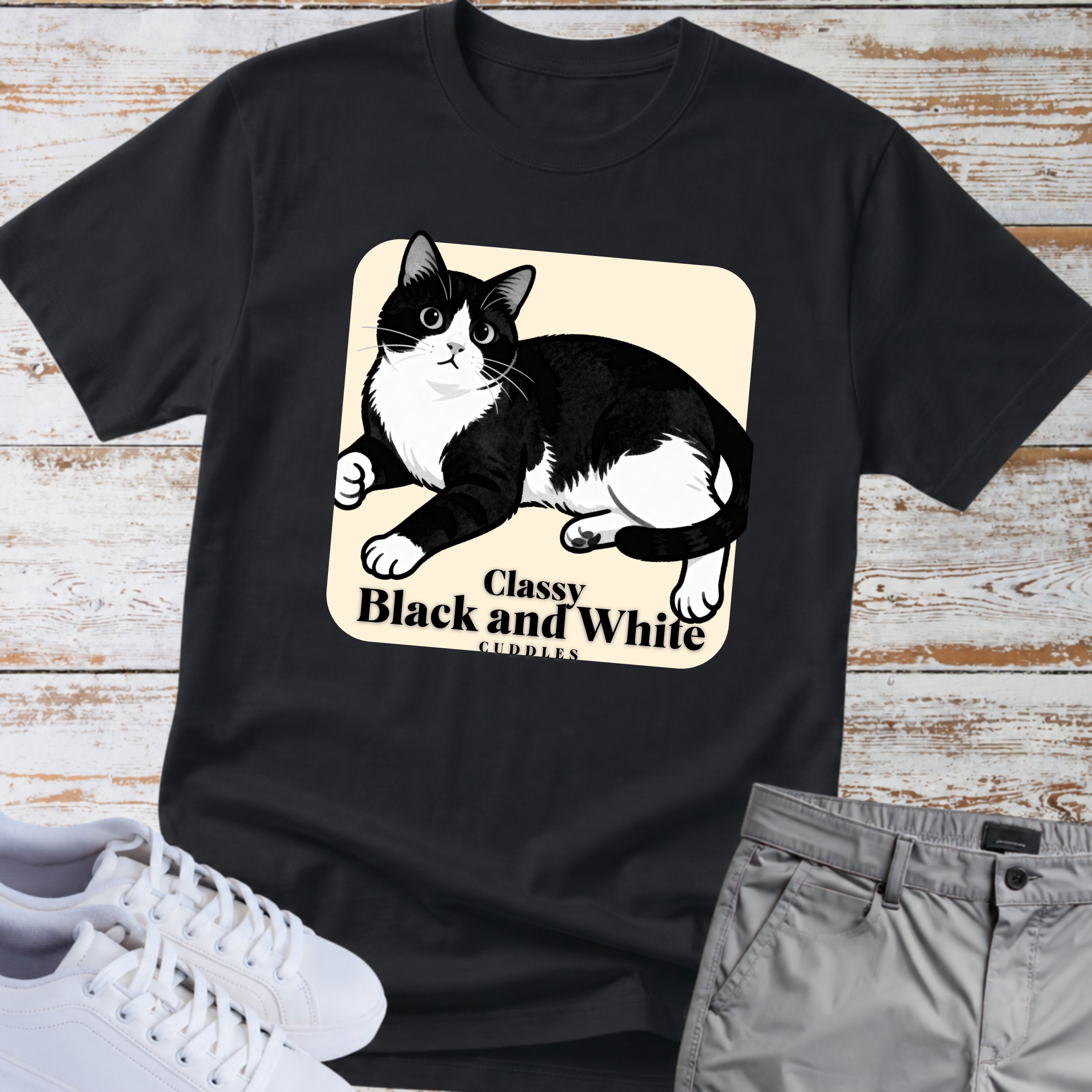 Cat Classy Black and White Cuddles T-Shirt