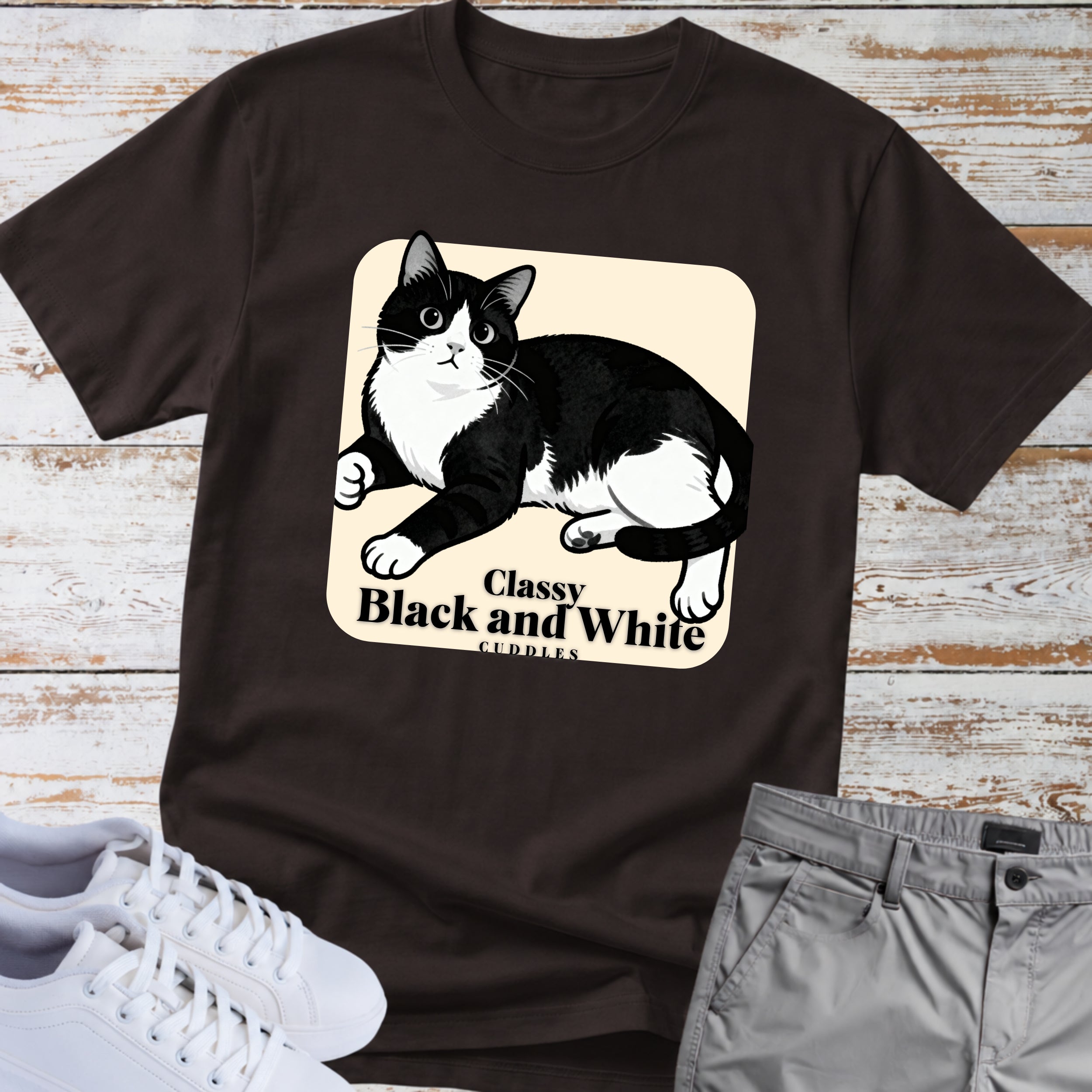 Cat Classy Black and White Cuddles T-Shirt