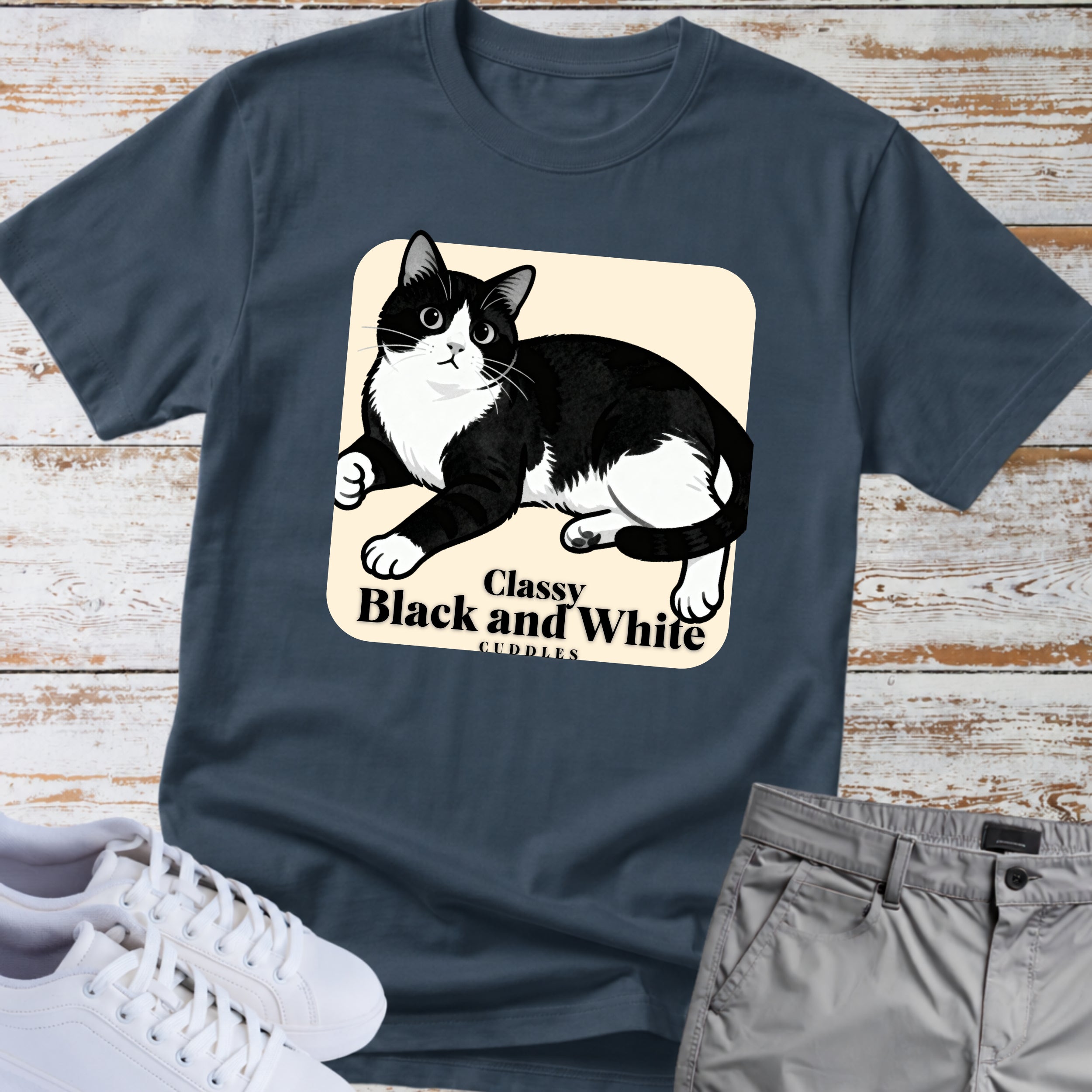 Cat Classy Black and White Cuddles T-Shirt