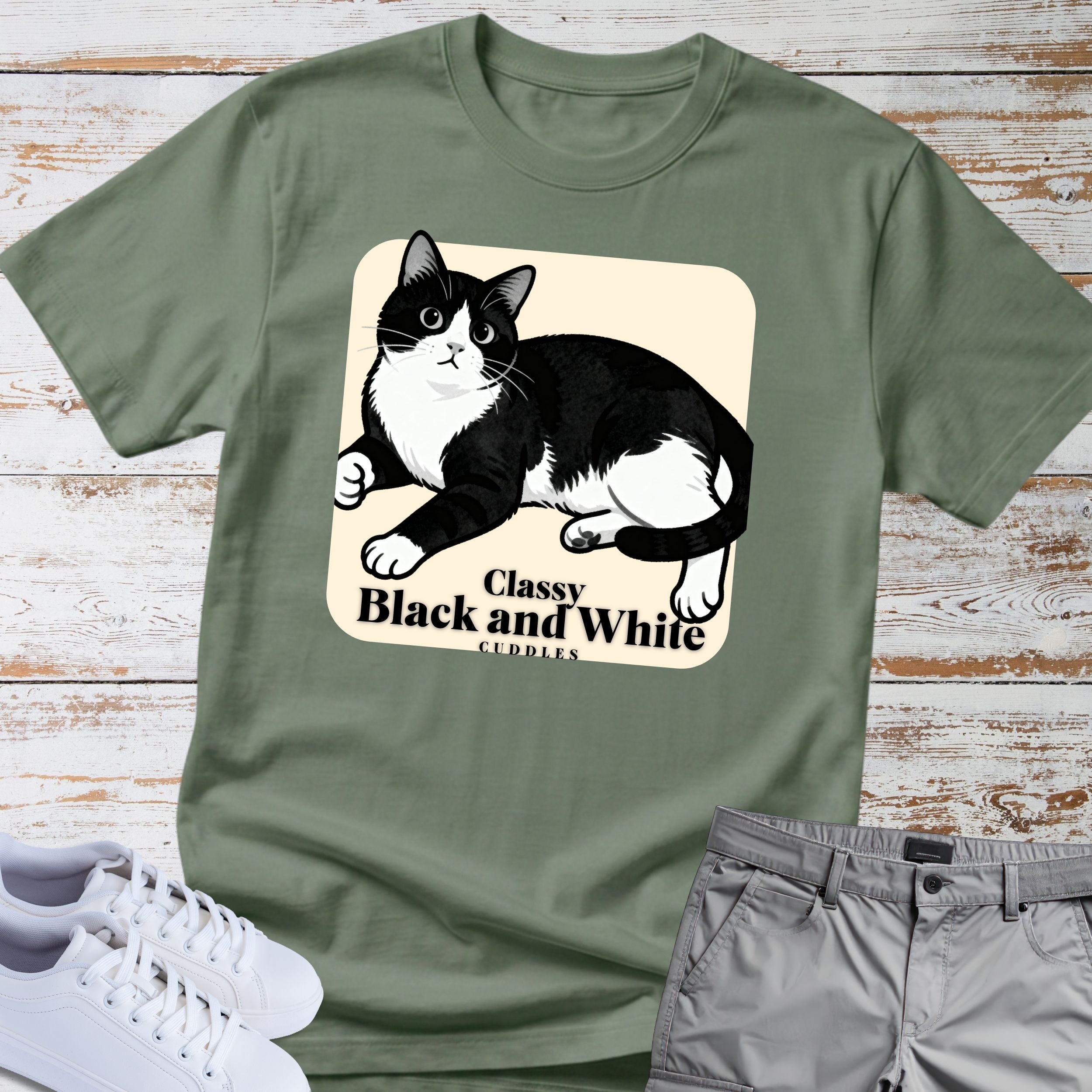 Cat Classy Black and White Cuddles T-Shirt