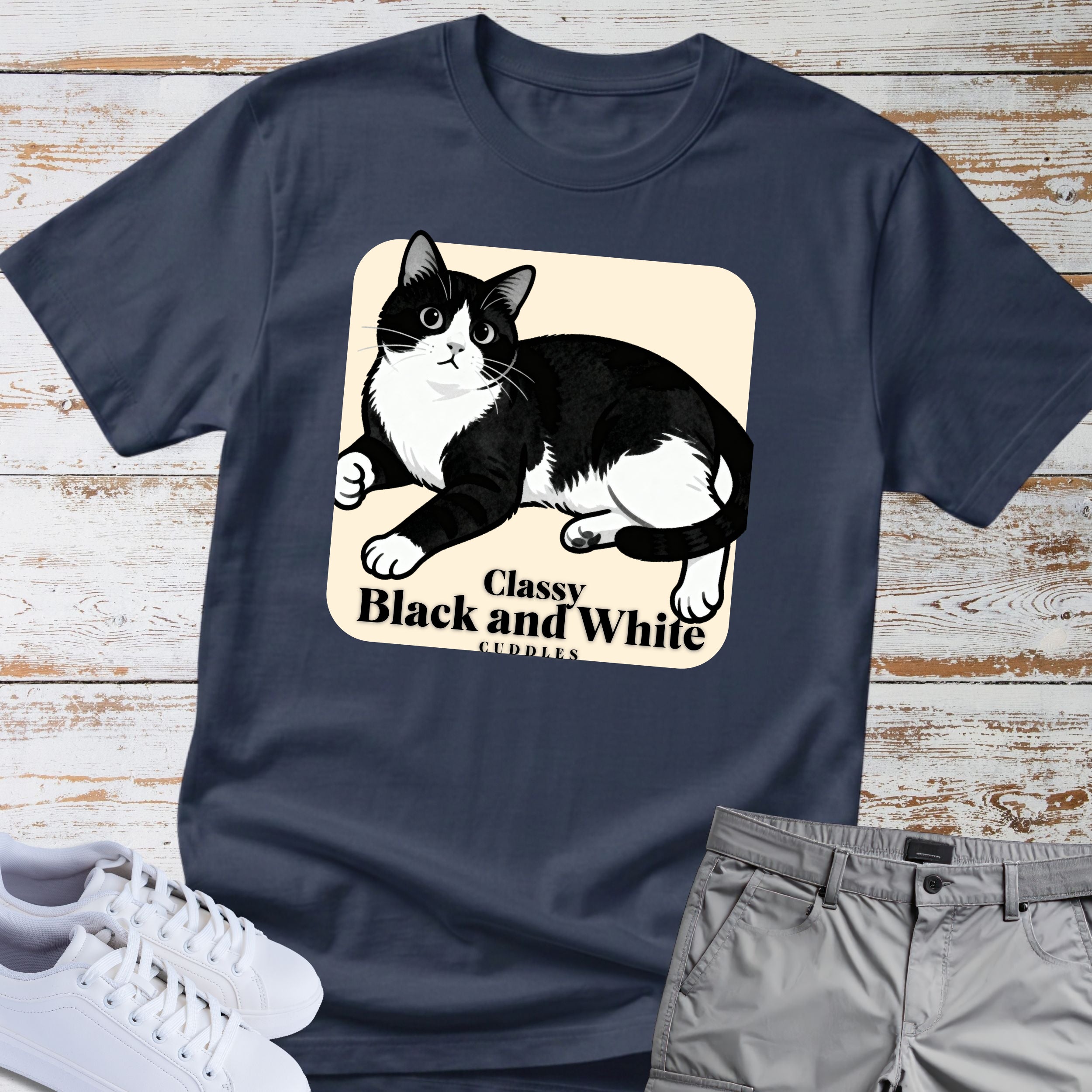 Cat Classy Black and White Cuddles T-Shirt