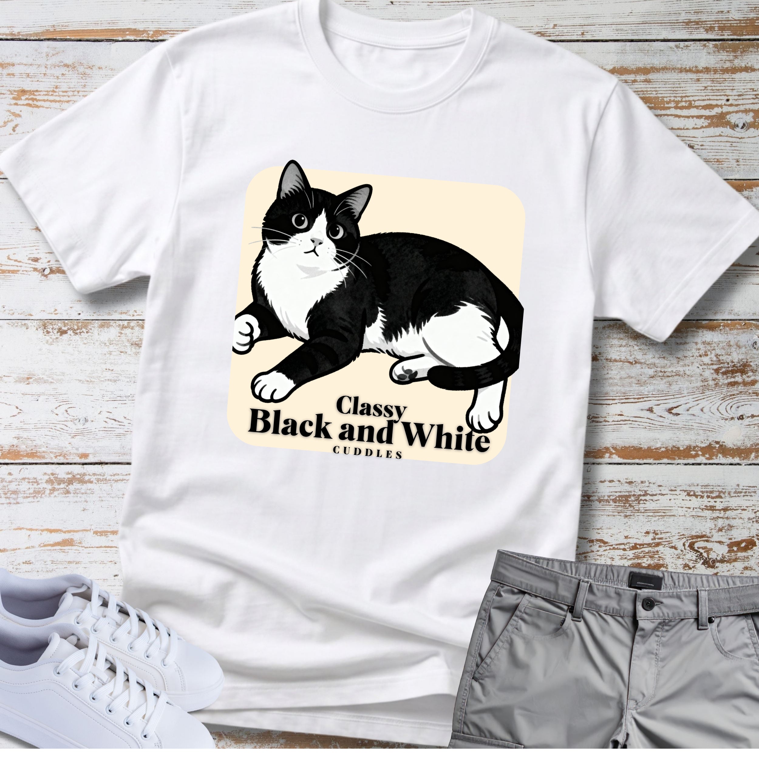 Cat Classy Black and White Cuddles T-Shirt
