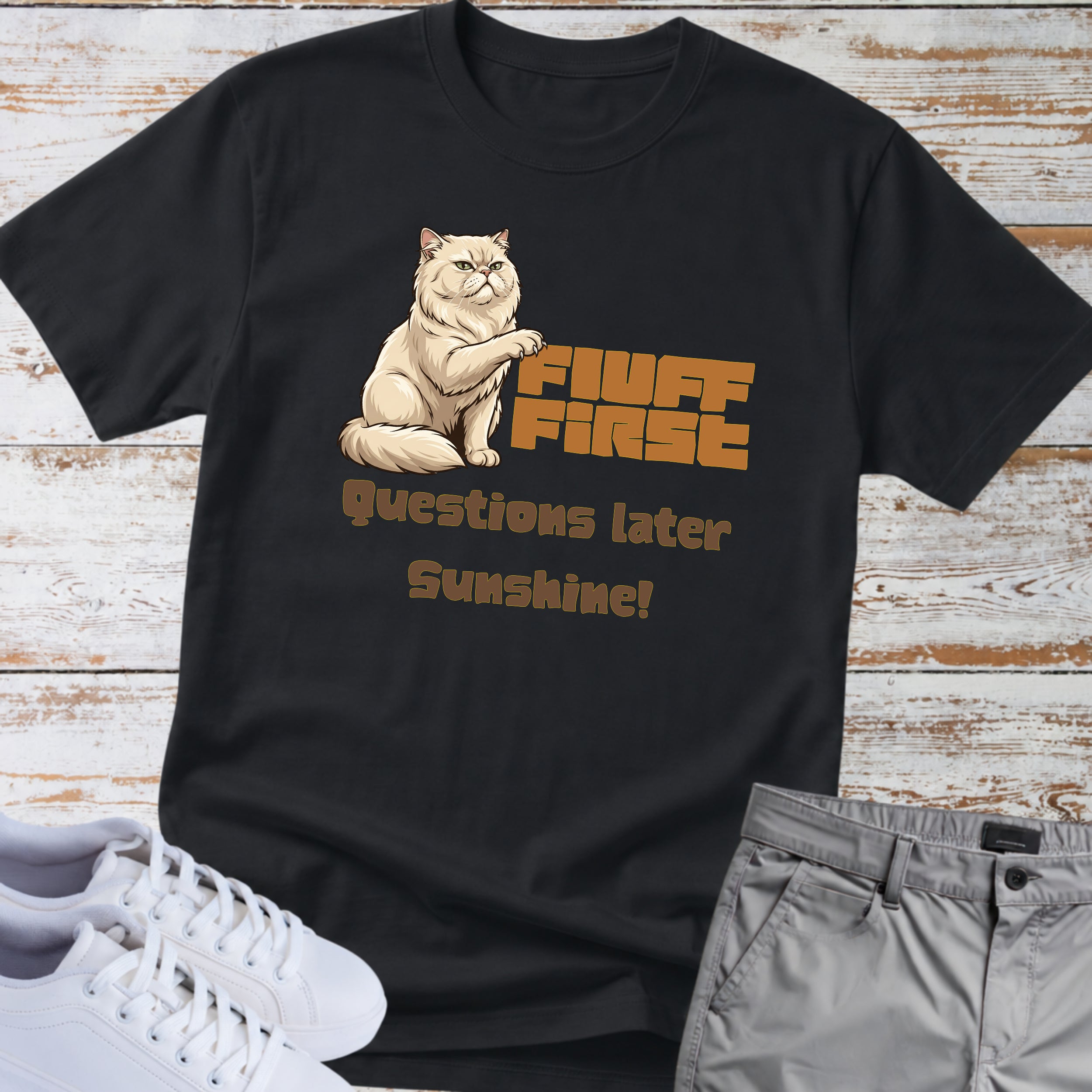 Cat "Fluff First Questions Later Sunshine!" T-shirt