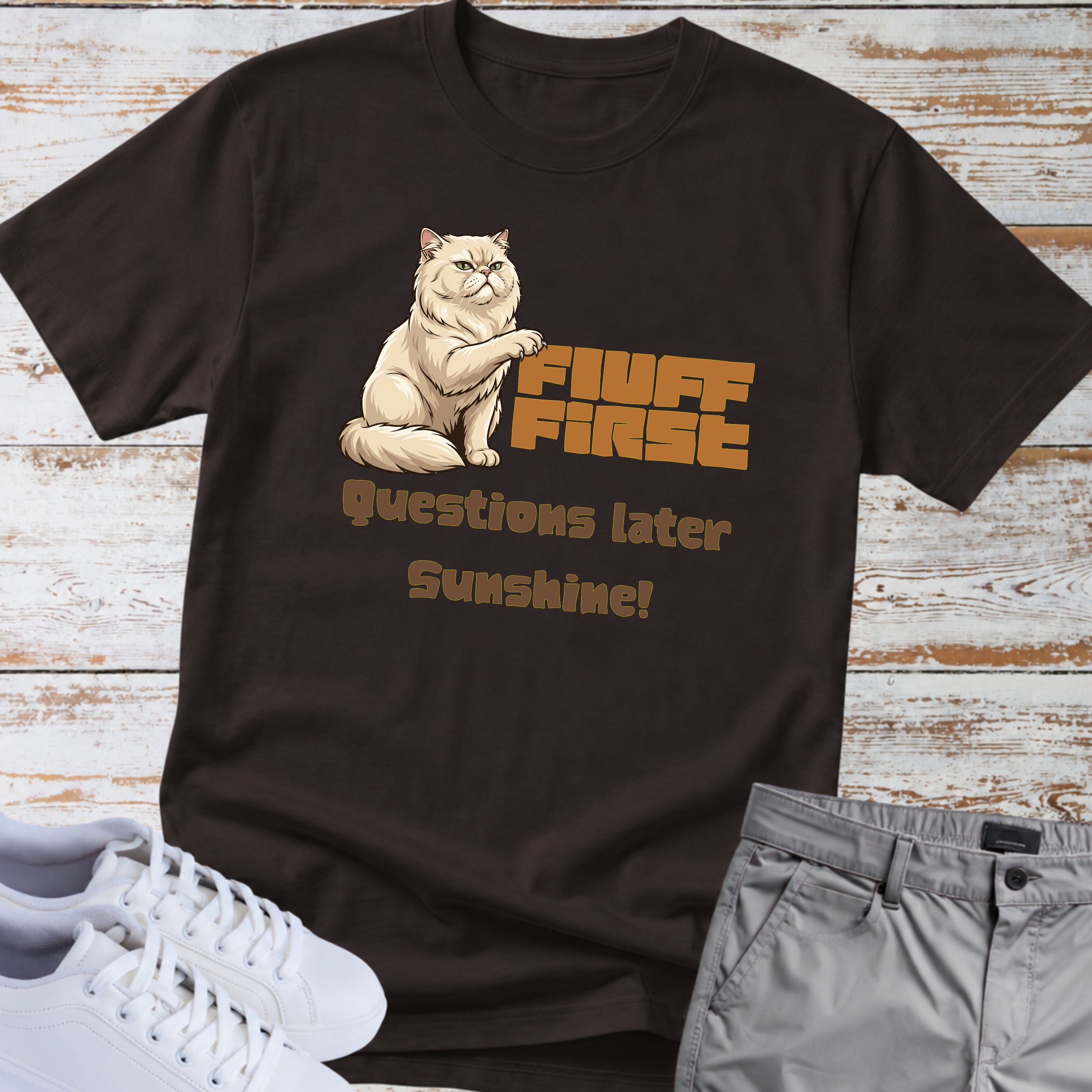 Cat "Fluff First Questions Later Sunshine!" T-shirt
