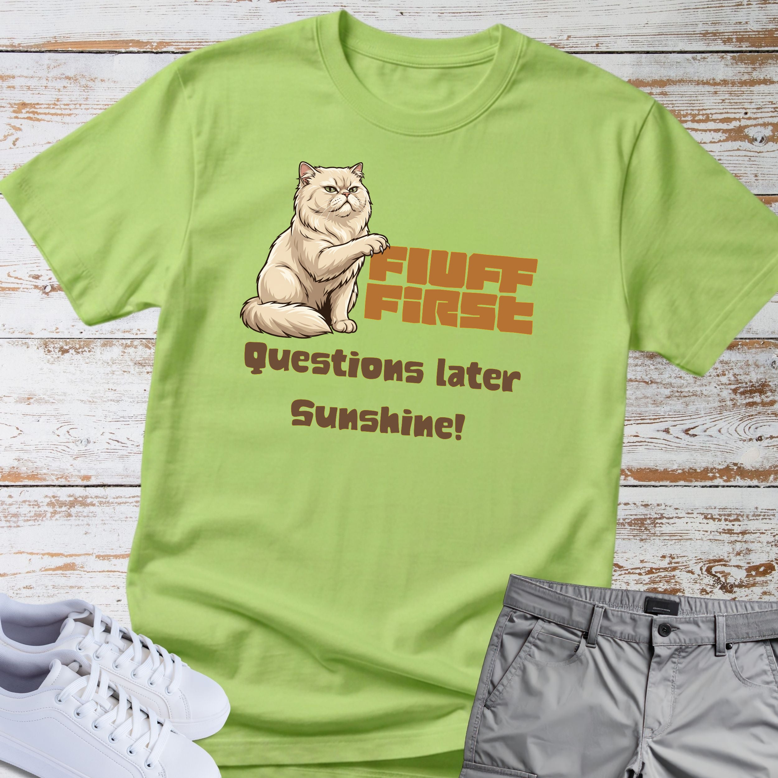 Cat "Fluff First Questions Later Sunshine!" T-shirt
