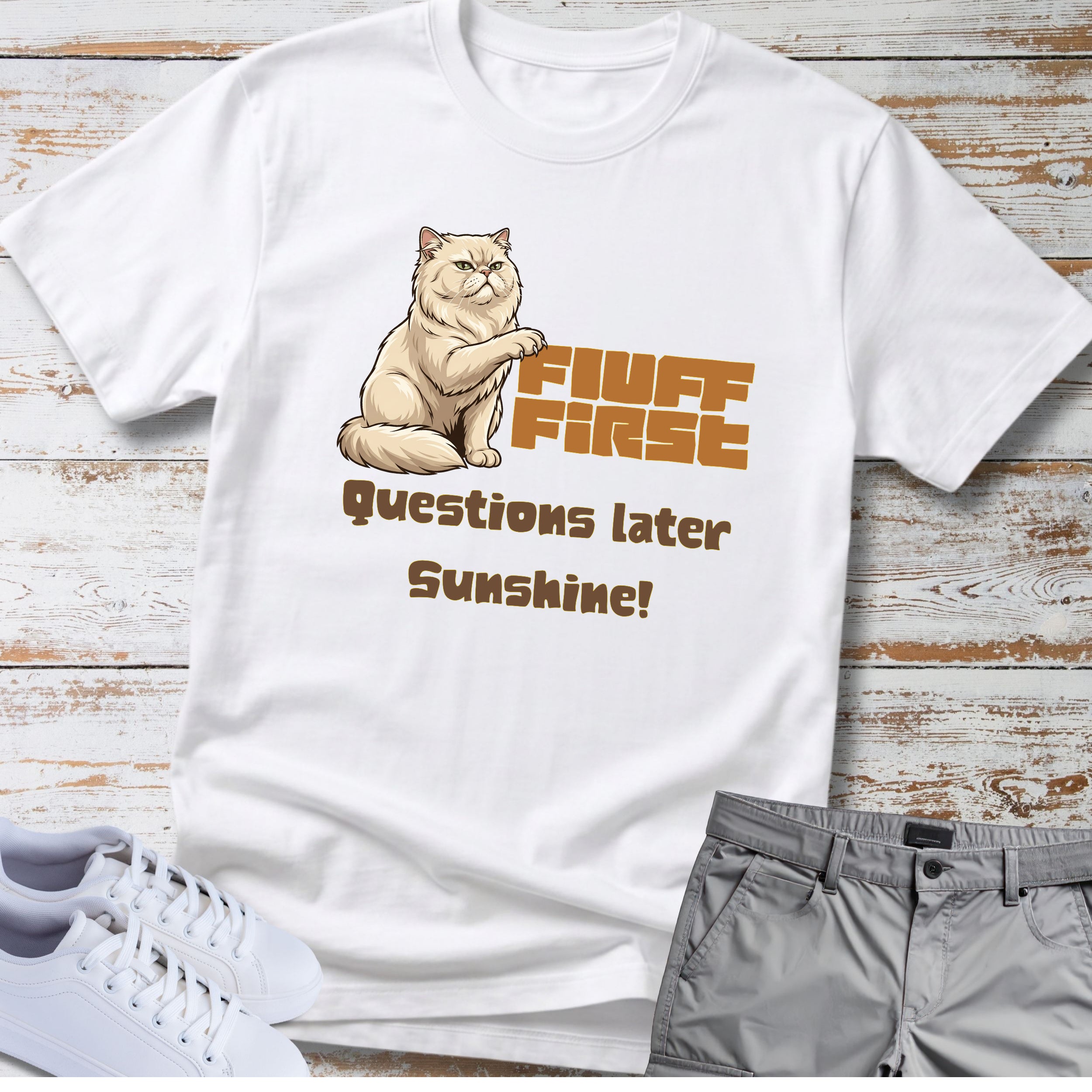 Cat "Fluff First Questions Later Sunshine!" T-shirt