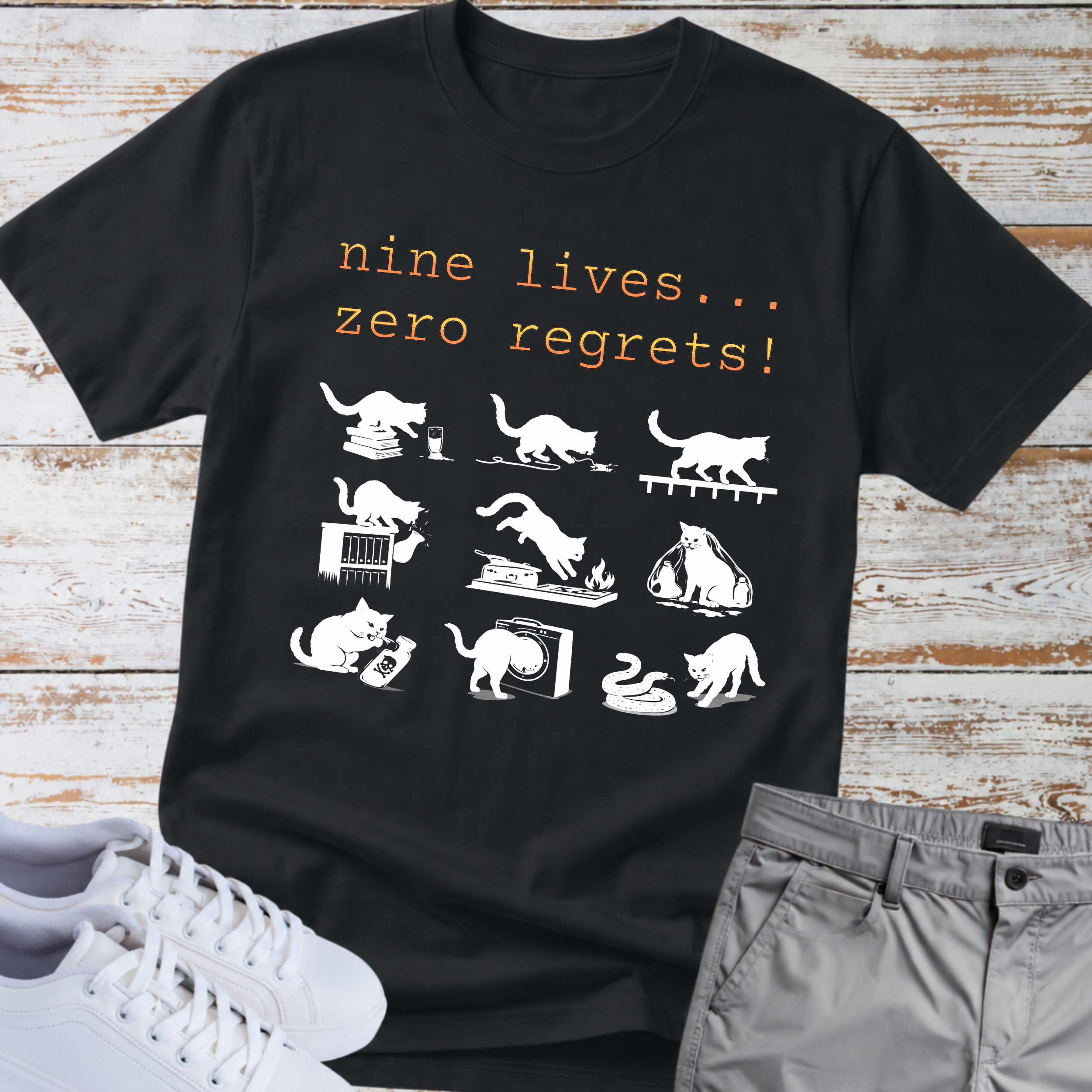 Cat "Nine lives... zero regrets!" T-shirt