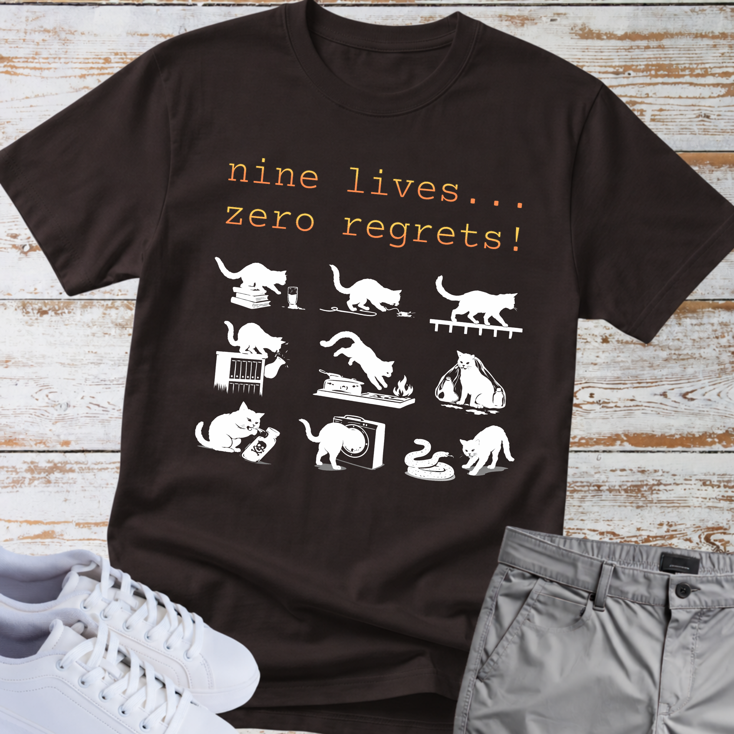 Cat "Nine lives... zero regrets!" T-shirt