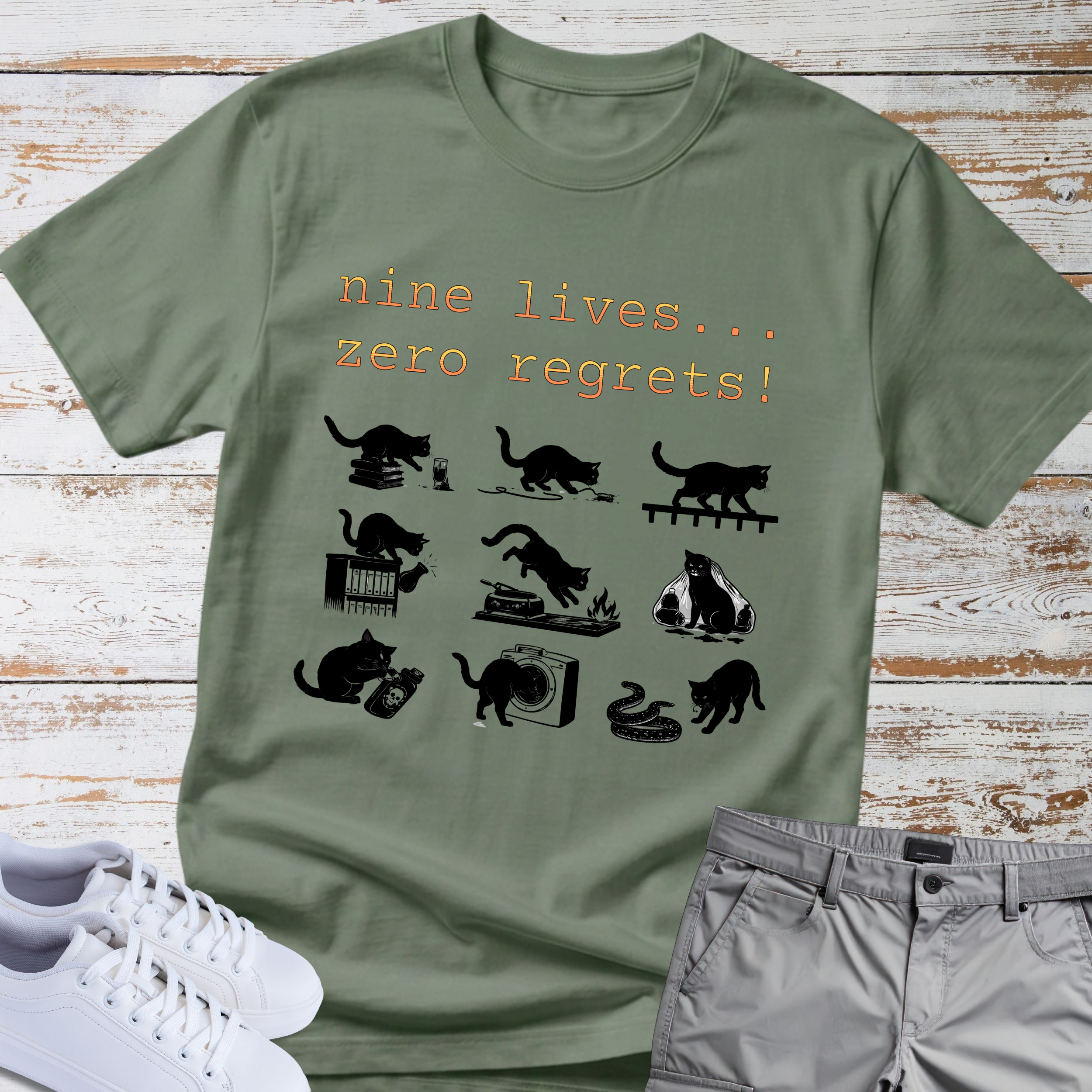 Cat "Nine lives... zero regrets!" T-shirt