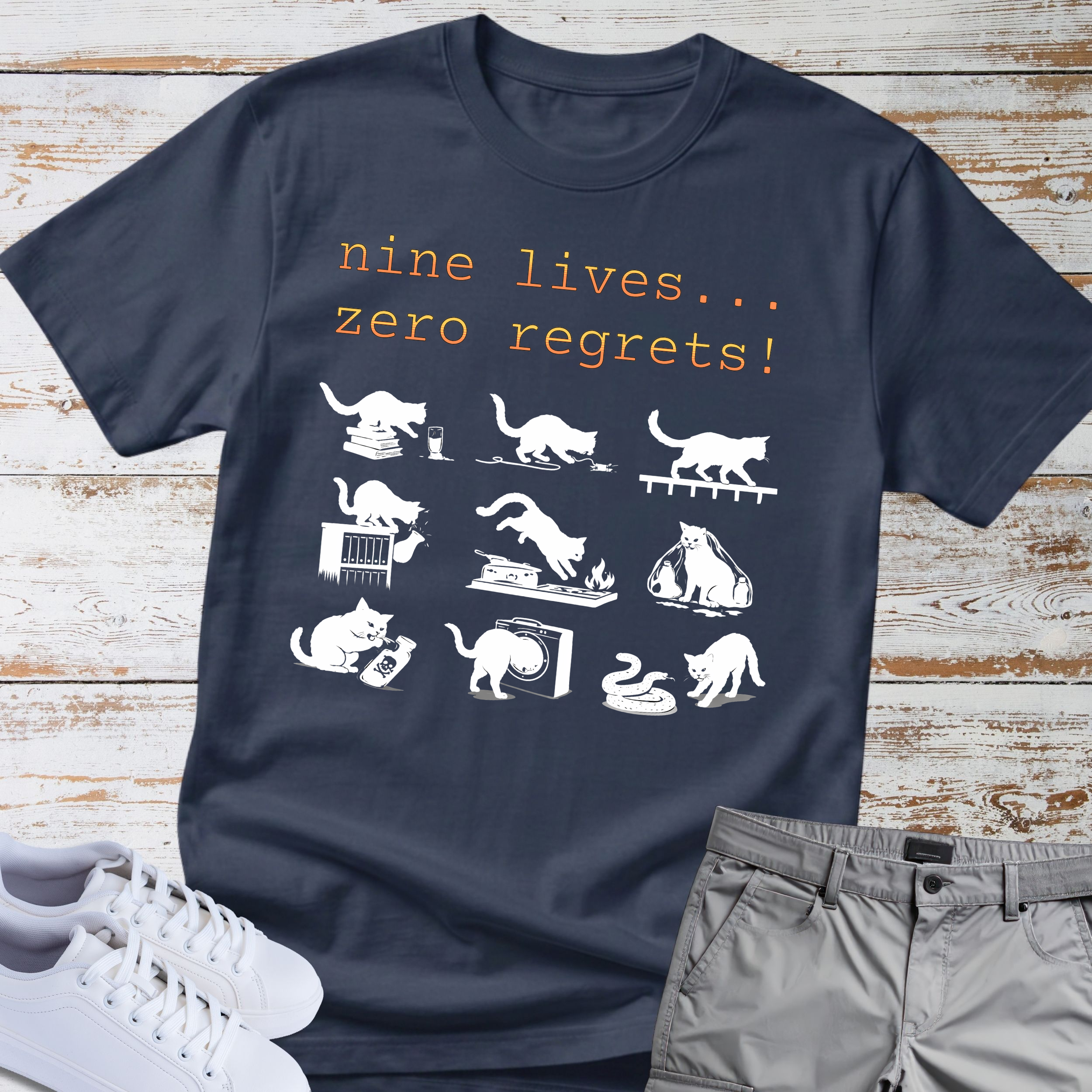 Cat "Nine lives... zero regrets!" T-shirt