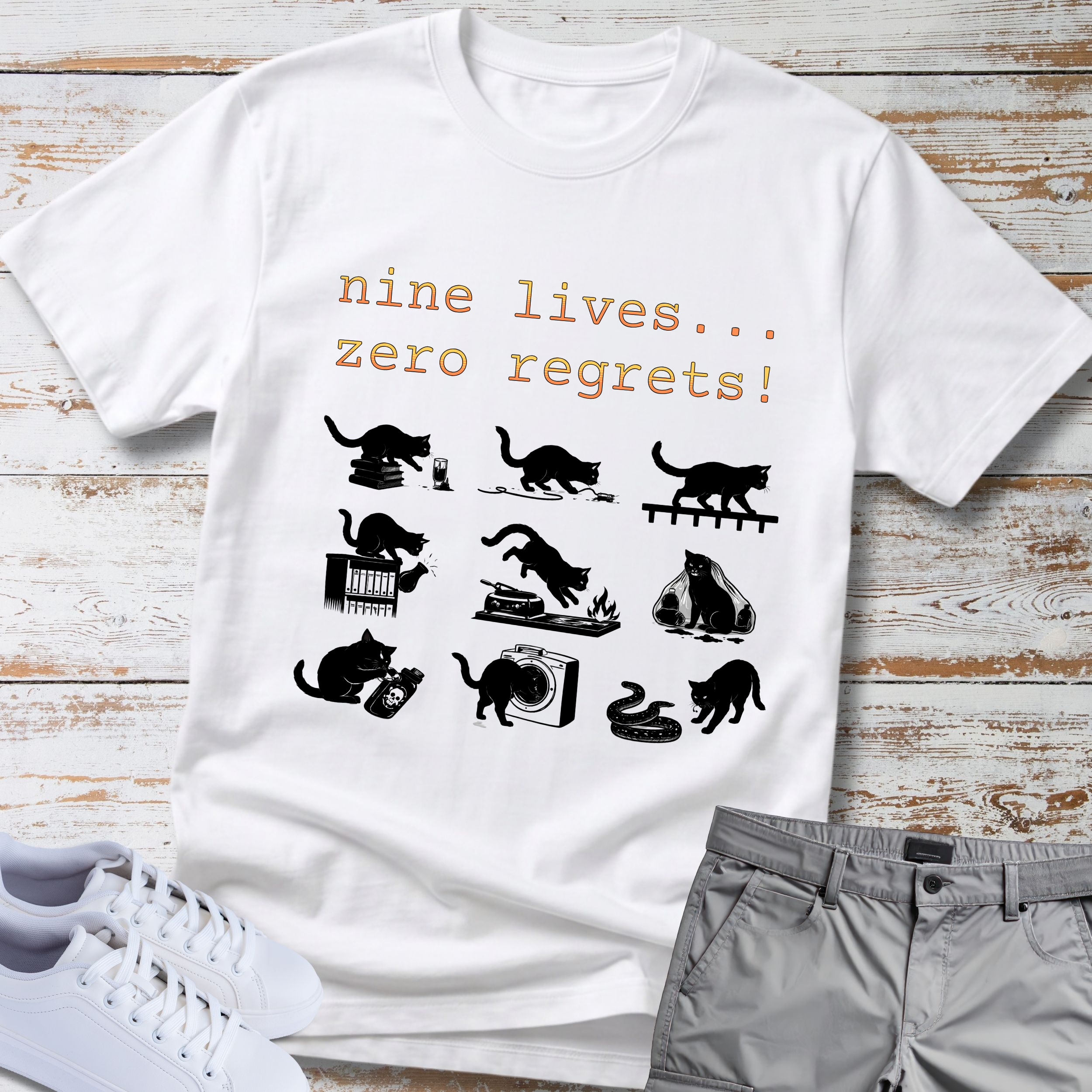 Cat "Nine lives... zero regrets!" T-shirt
