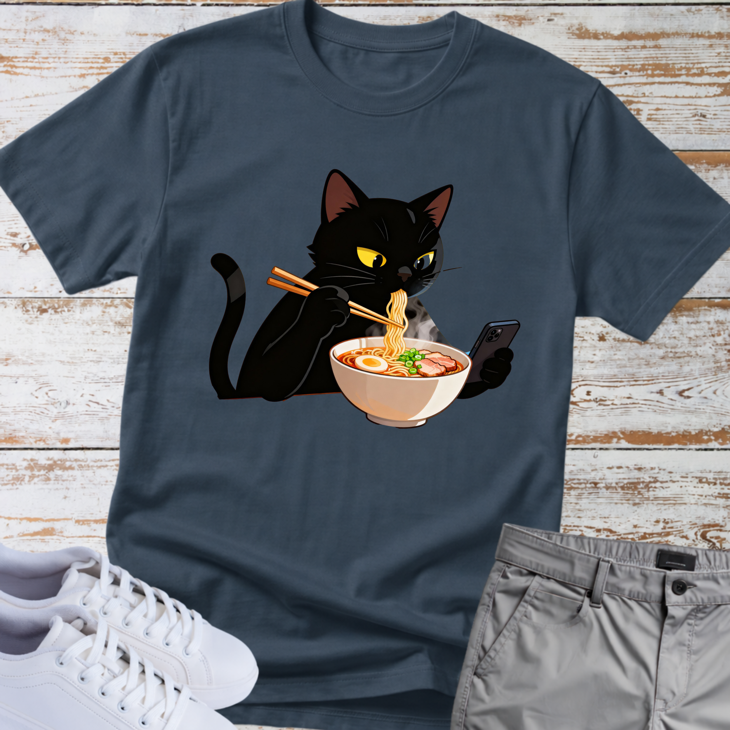 Cat Eating Ramen Noodles T-shirt