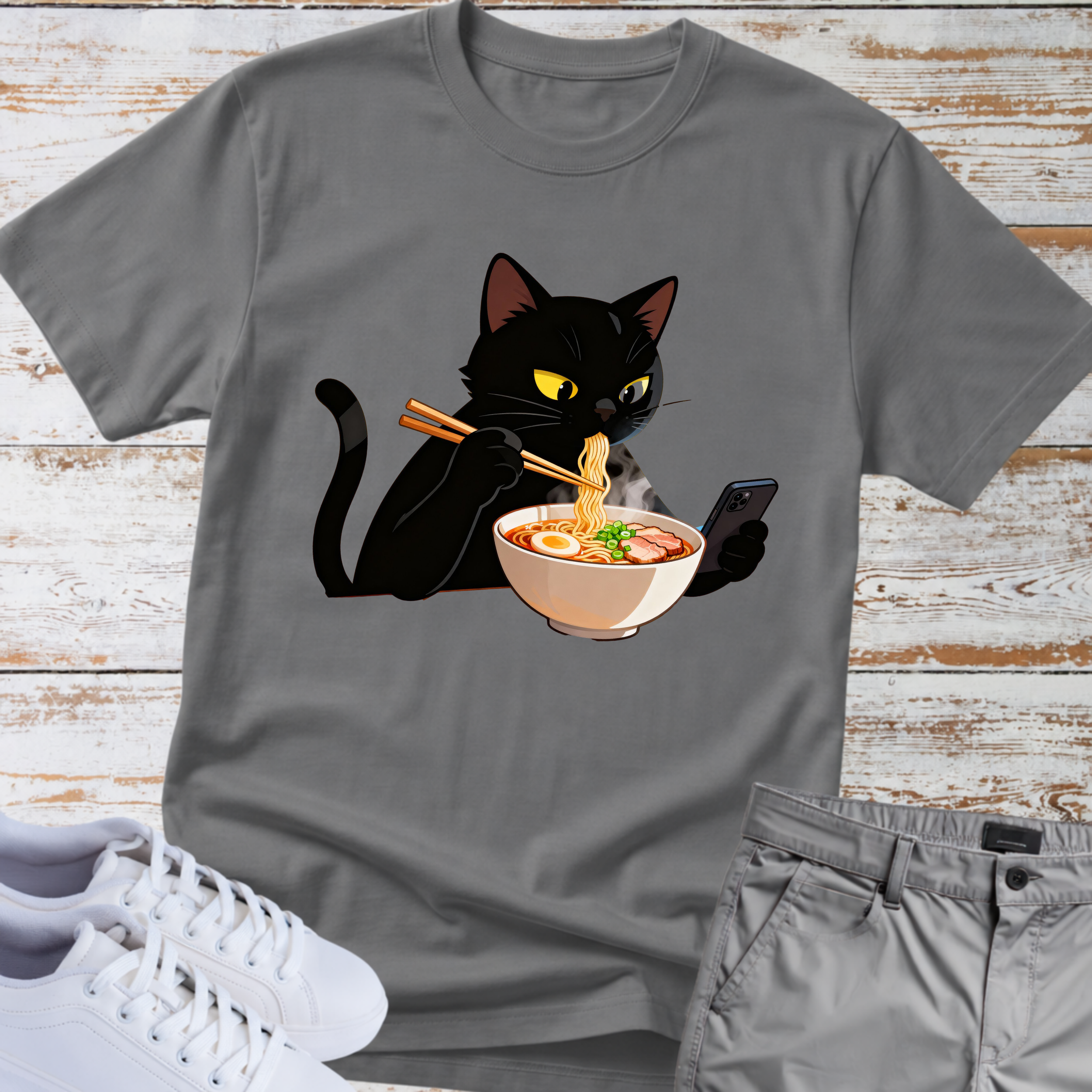 Cat Eating Ramen Noodles T-shirt