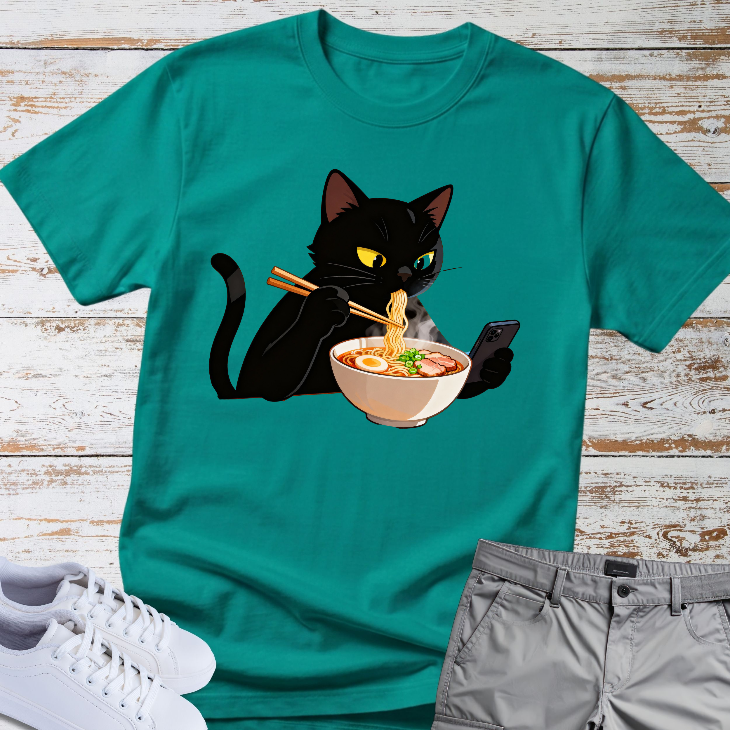 Cat Eating Ramen Noodles T-shirt