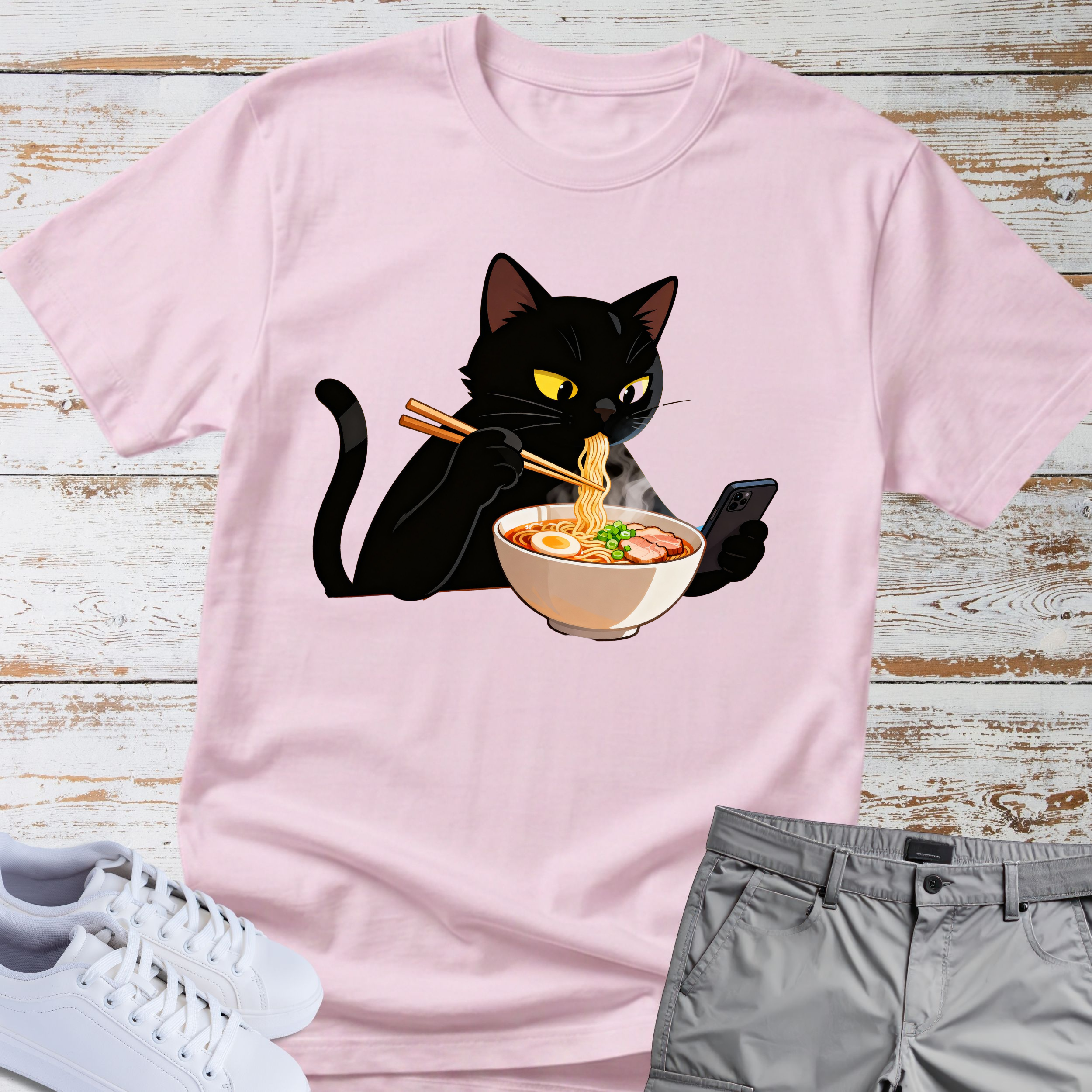 Cat Eating Ramen Noodles T-shirt