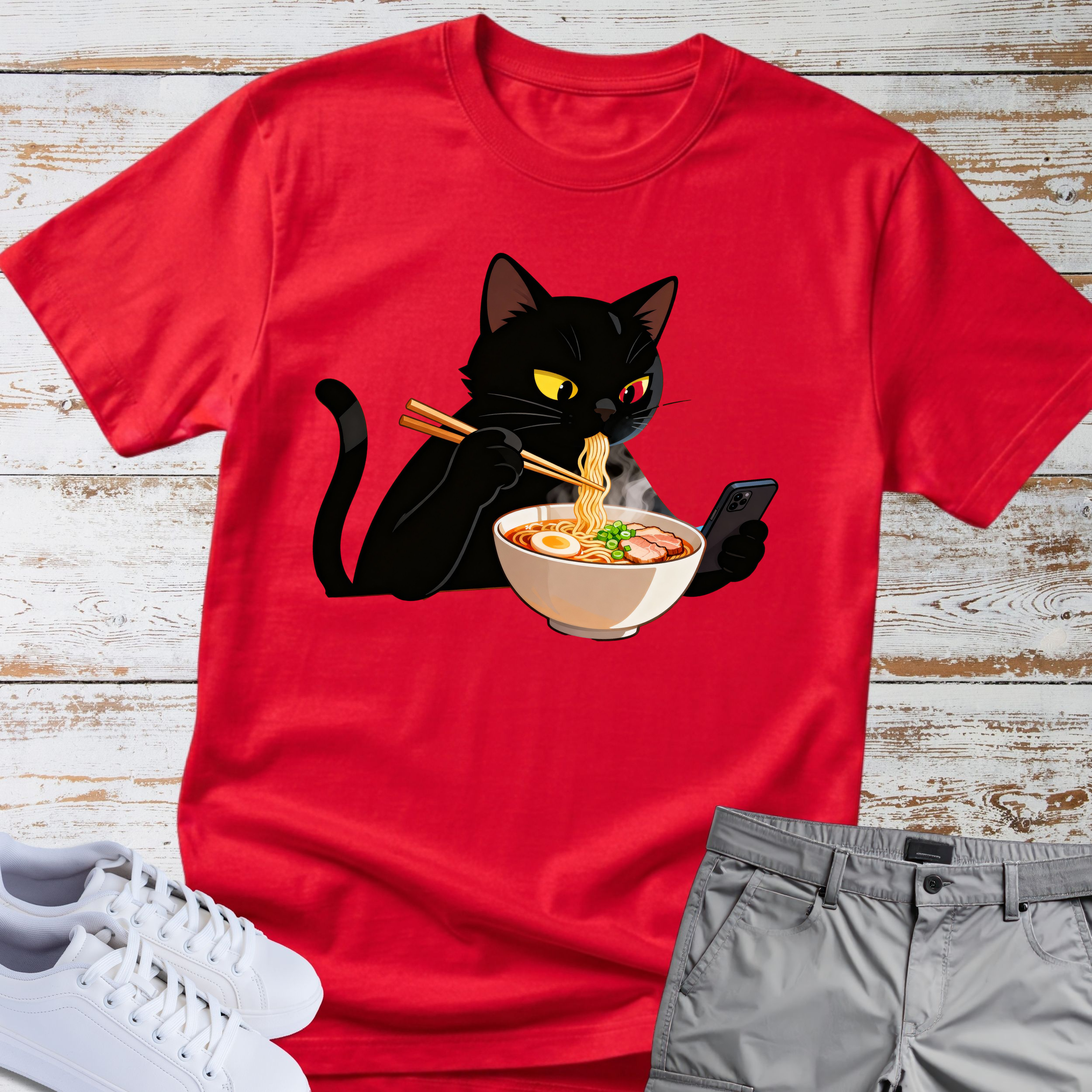 Cat Eating Ramen Noodles T-shirt
