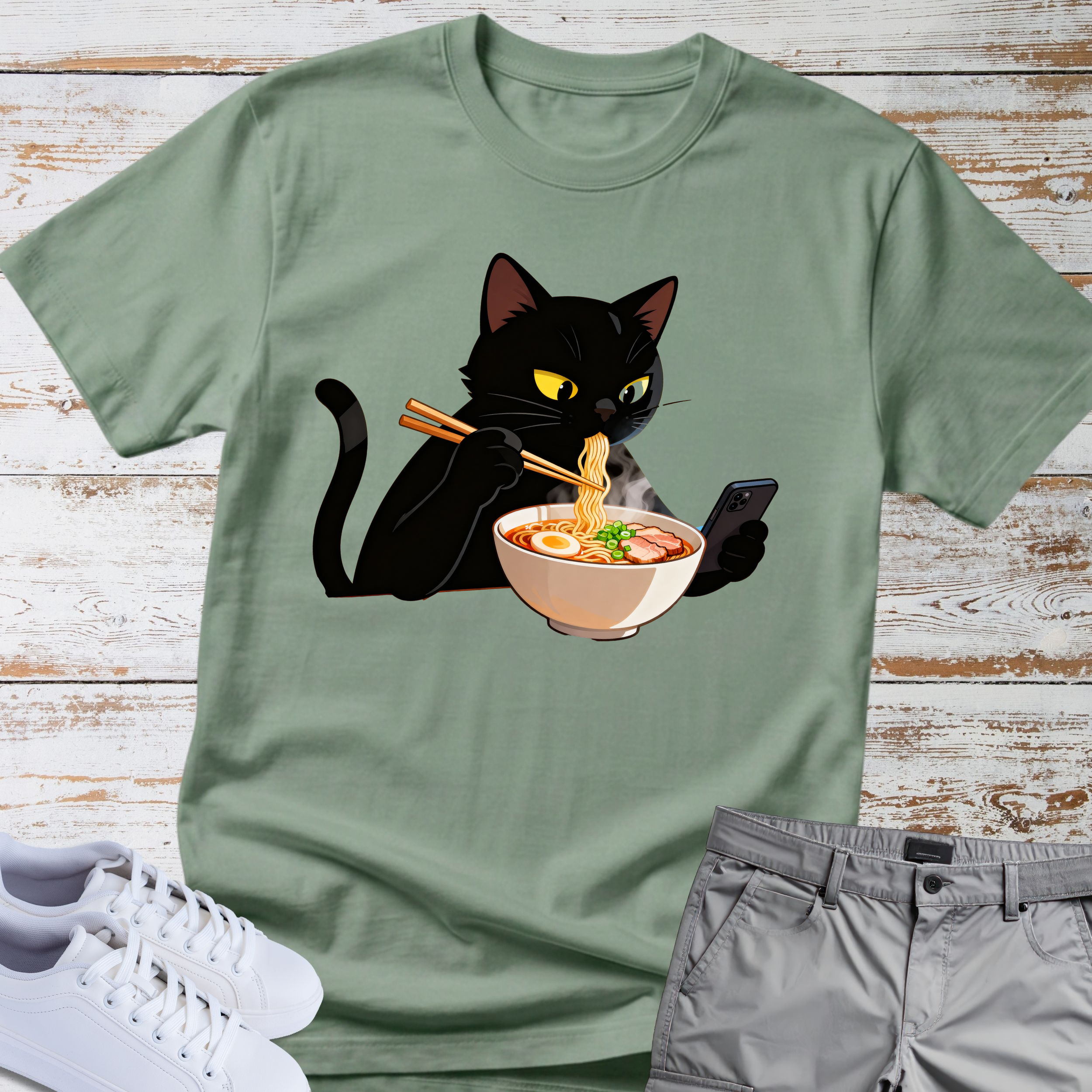 Cat Eating Ramen Noodles T-shirt