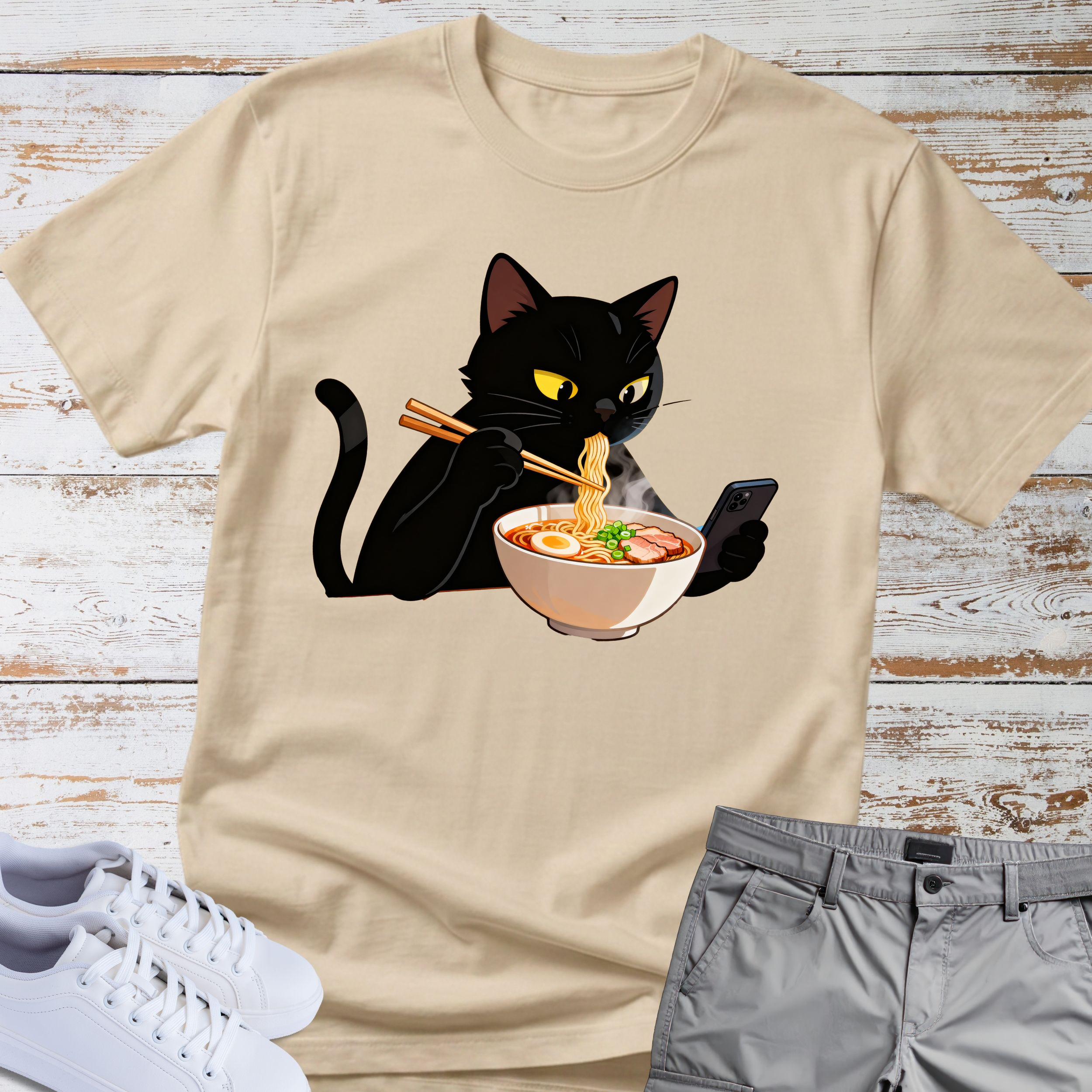 Cat Eating Ramen Noodles T-shirt