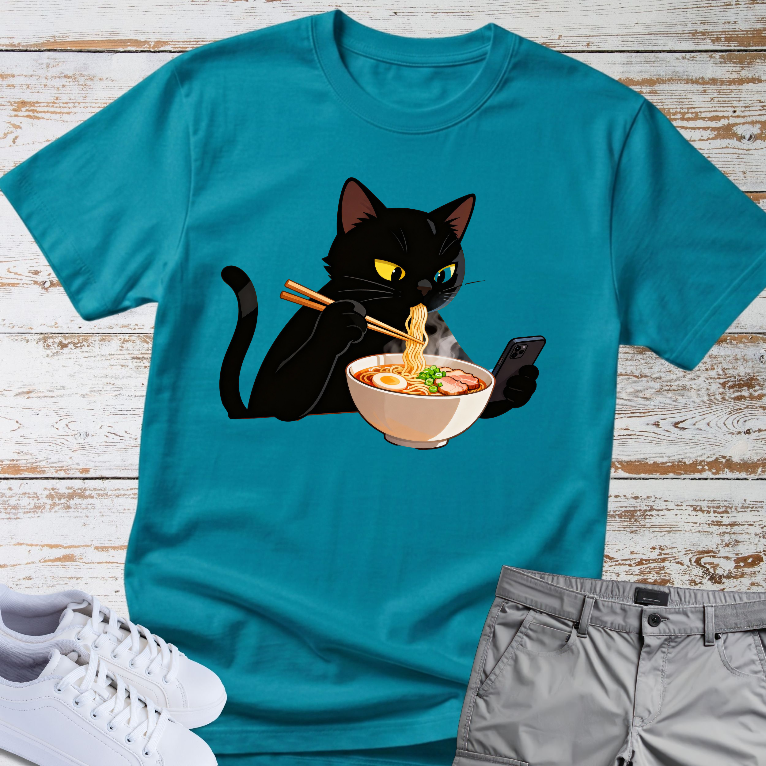 Cat Eating Ramen Noodles T-shirt