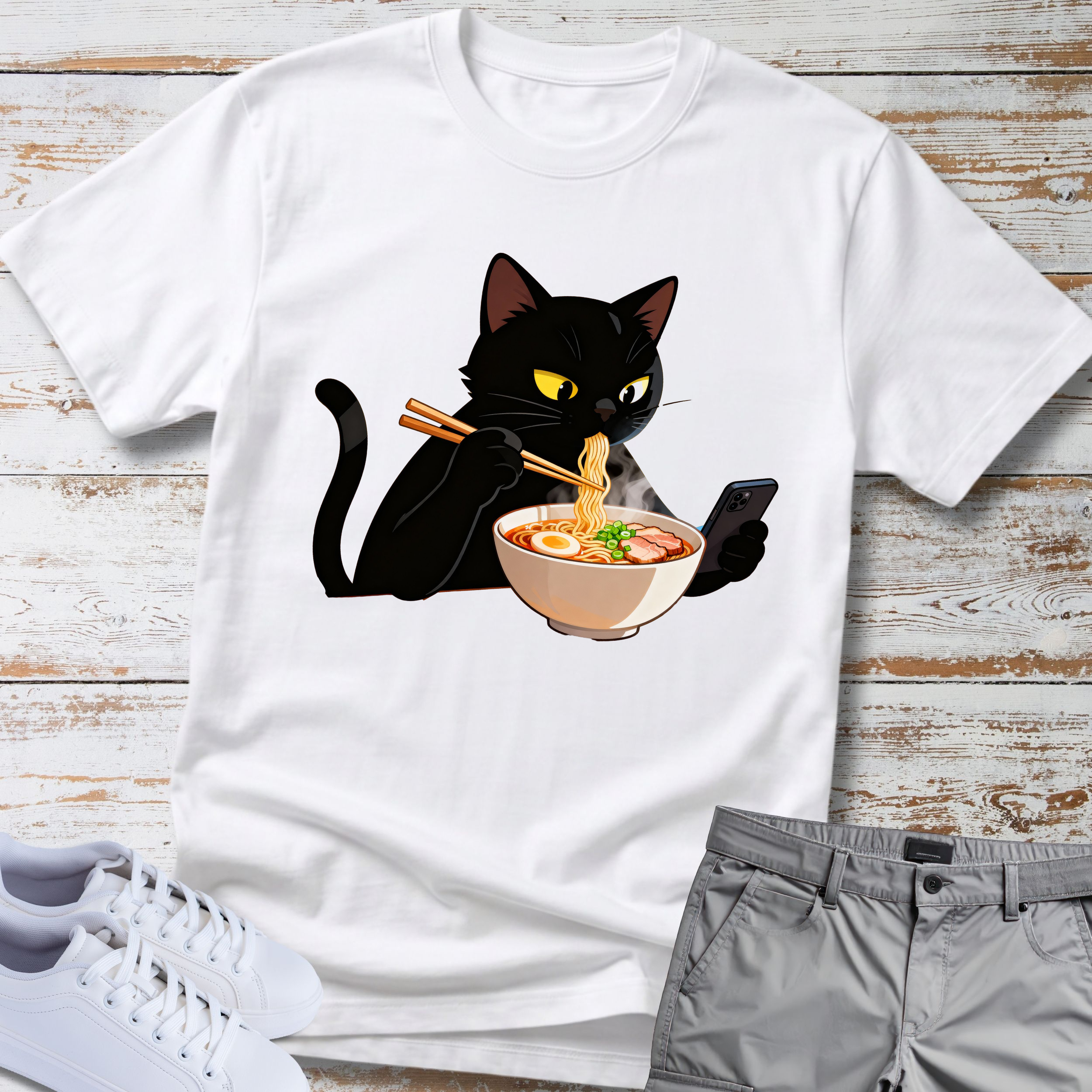 Cat Eating Ramen Noodles T-shirt