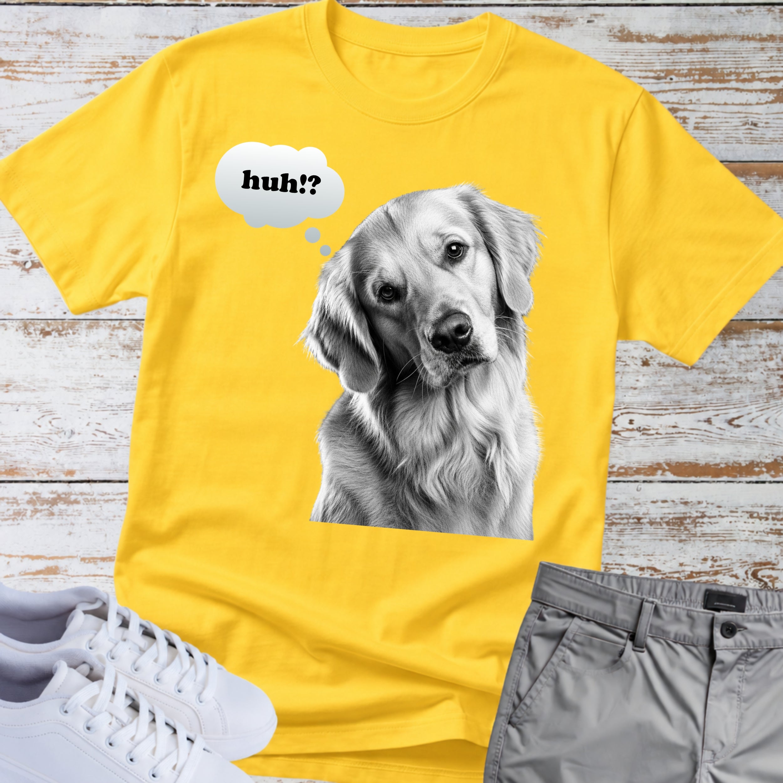 Golden Retriever "huh?" Thought Bubble T-Shirt