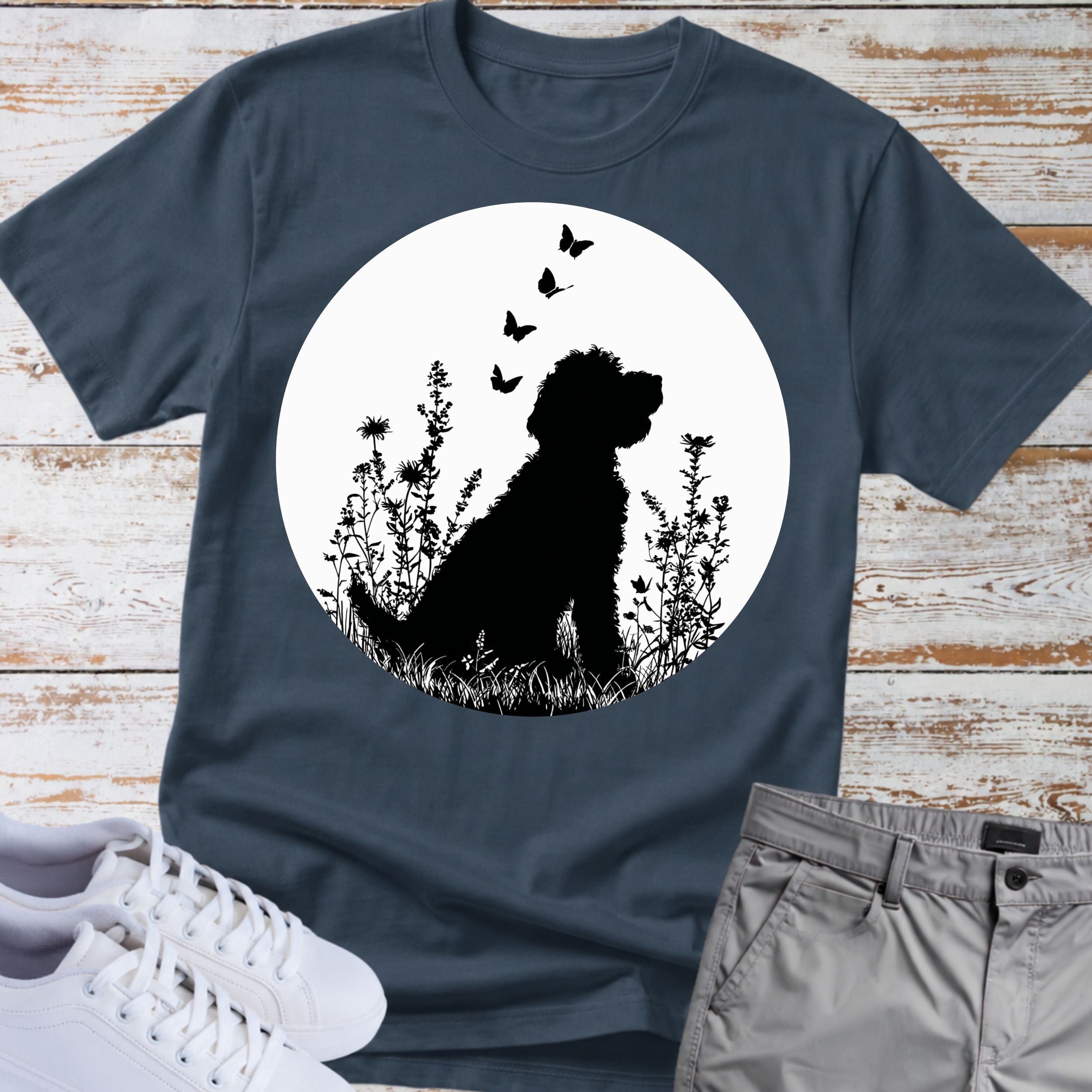 Goldendoodle Silhouette Floral Meadow Butterflies T-Shirt