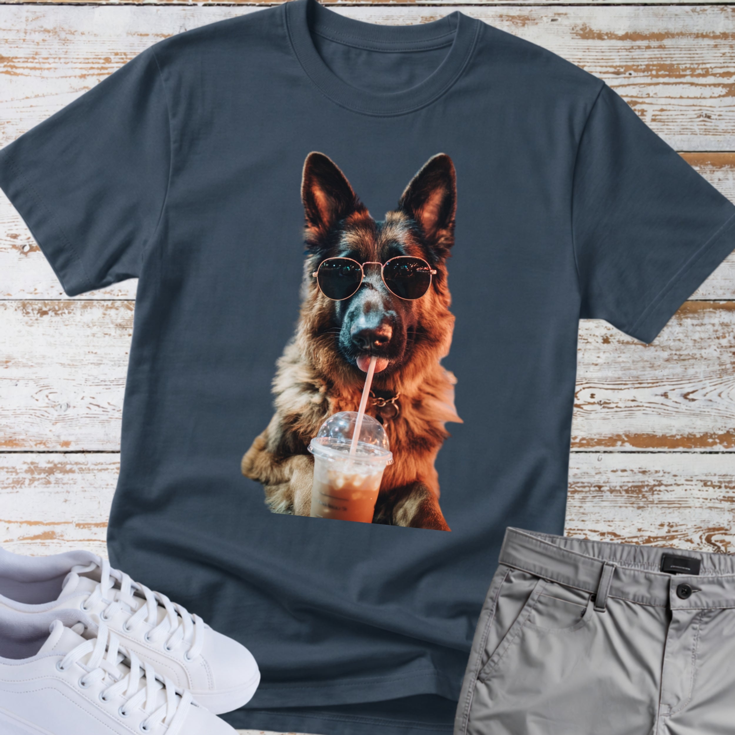 German Shepherd Drinking Iced Coffee T-Shirt