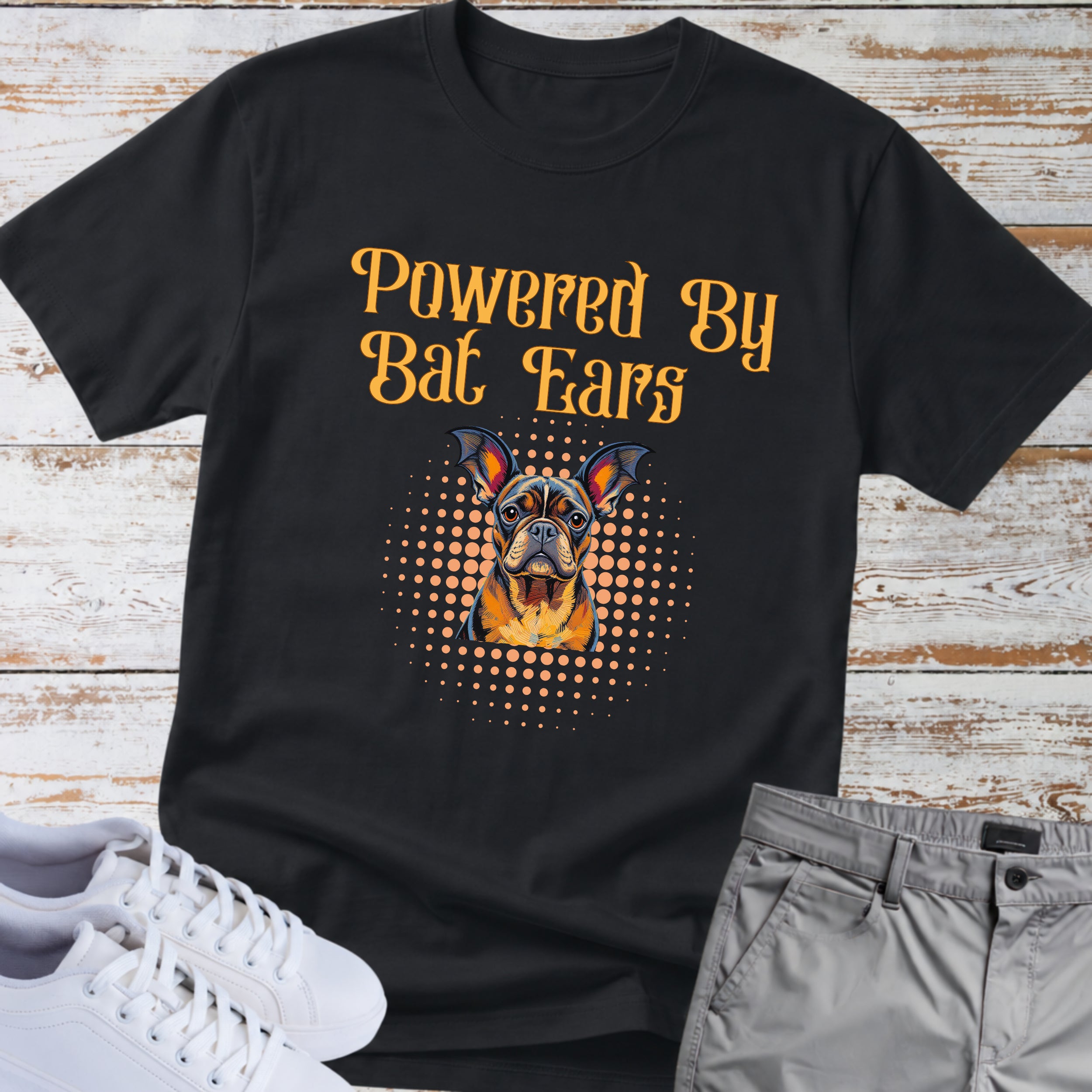 "Powered By Bat Ears" French Bulldog Tee