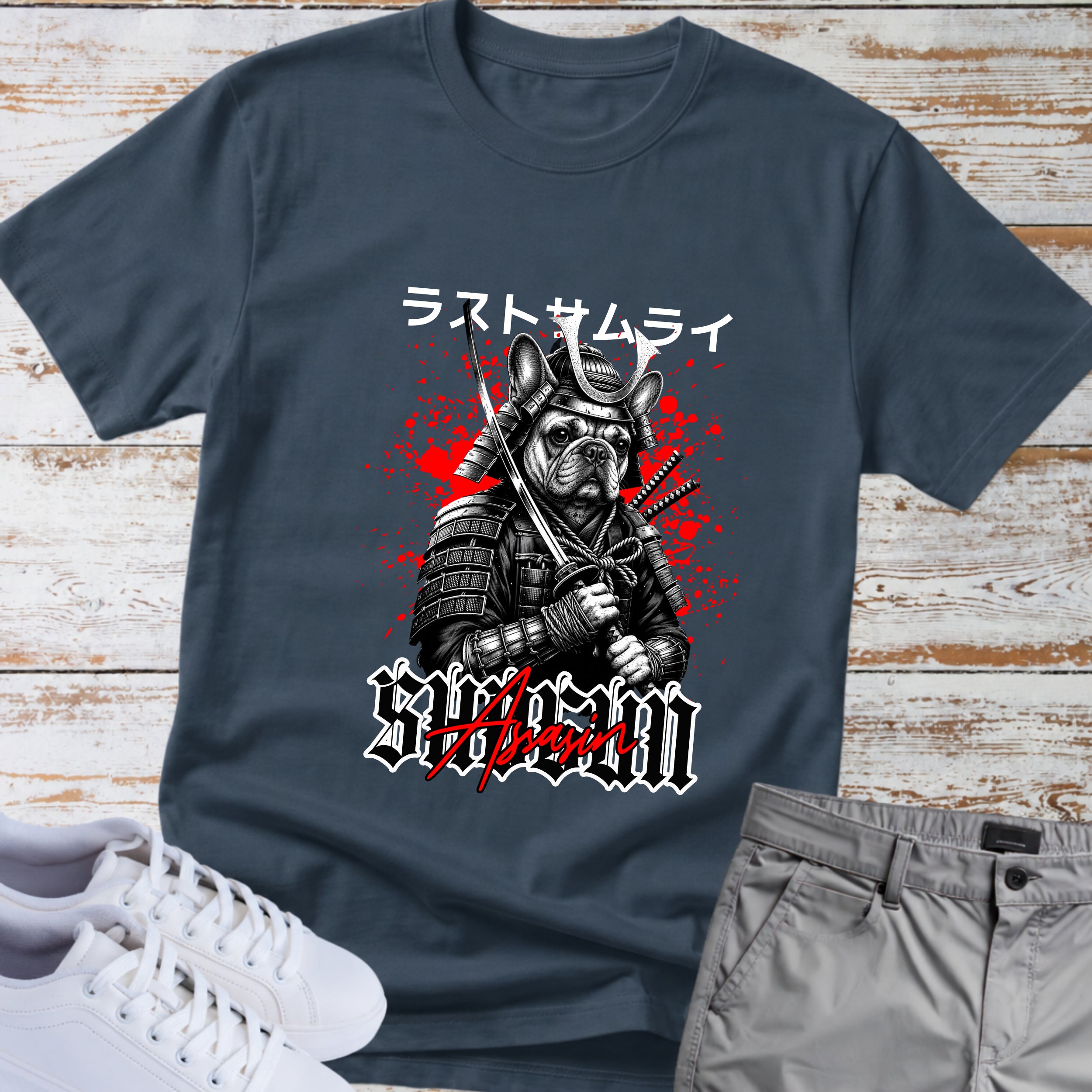 'Last Samurai' French Bulldog Japanese Text T-Shirt