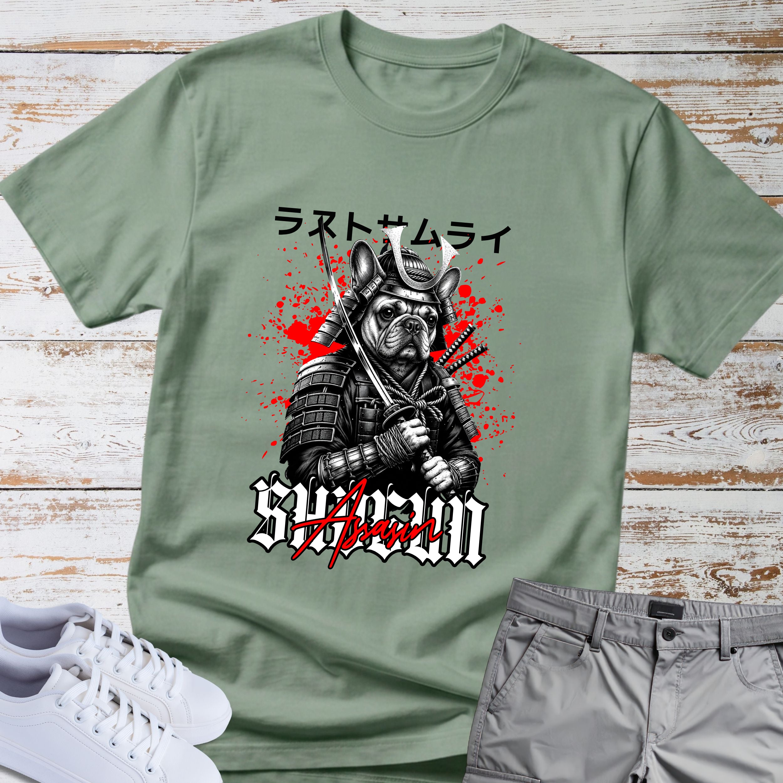 'Last Samurai' French Bulldog Japanese Text T-Shirt