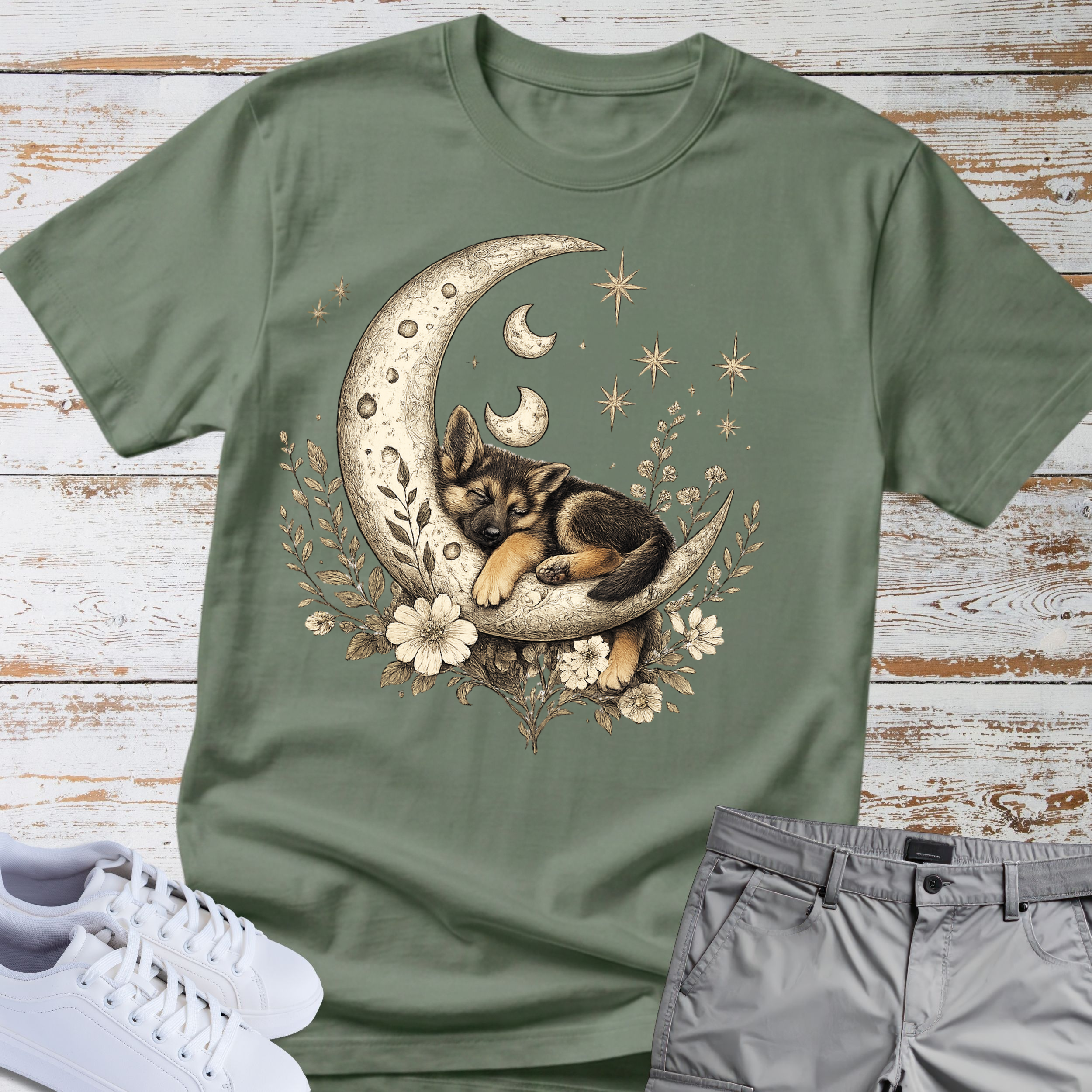 Boho German Shepherd Puppy Moon T-Shirt