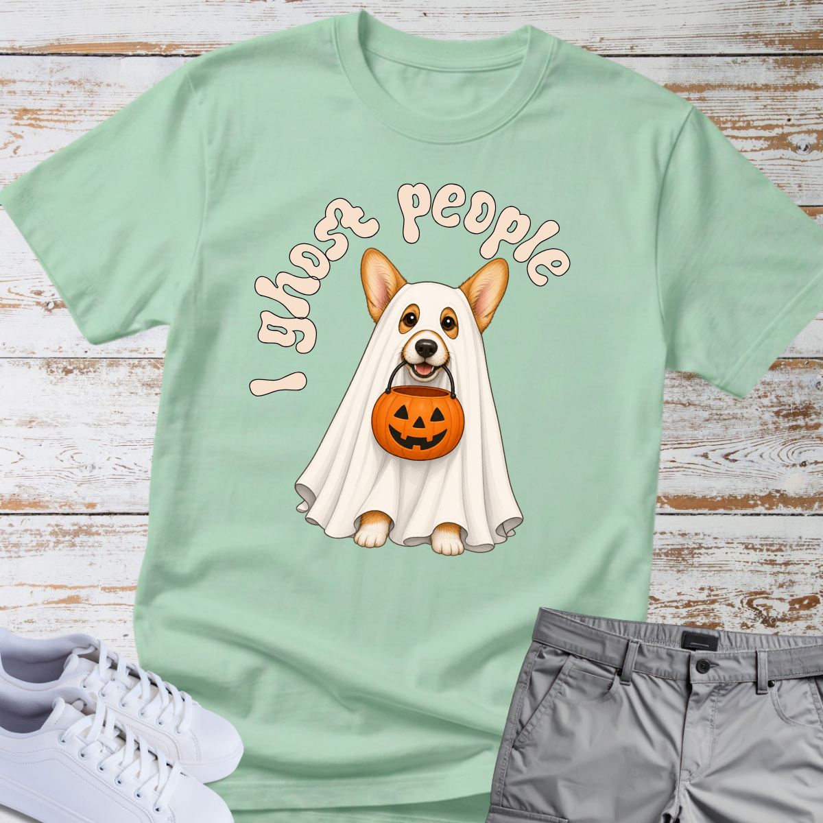 👻 I Ghost People 🎃 Halloween Corgi T-Shirt