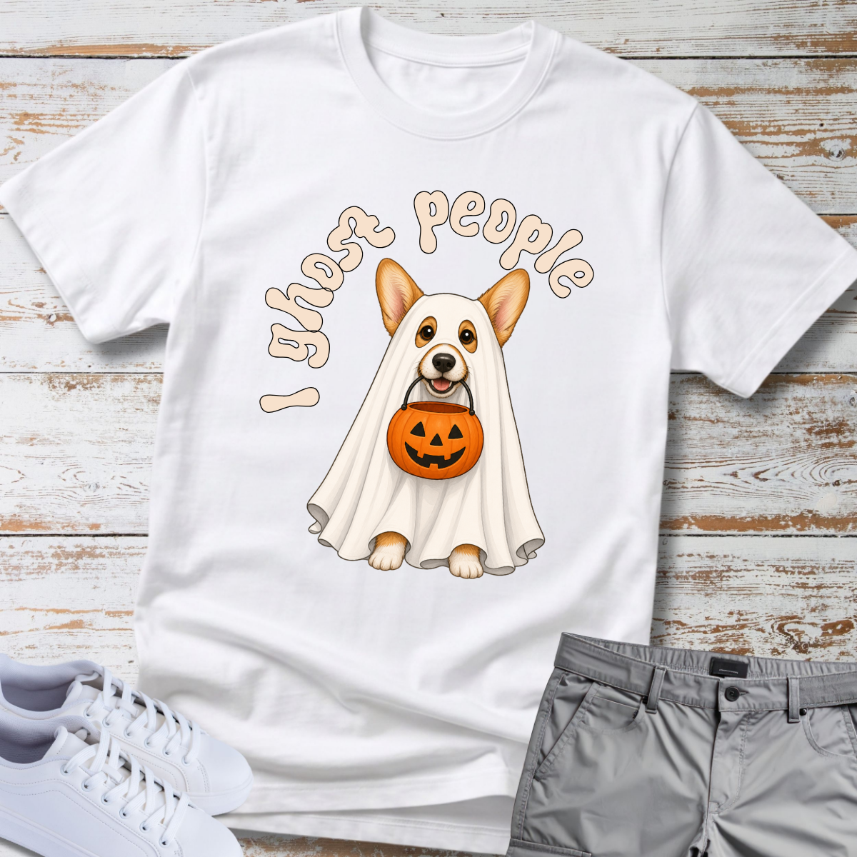 👻 I Ghost People 🎃 Halloween Corgi T-Shirt