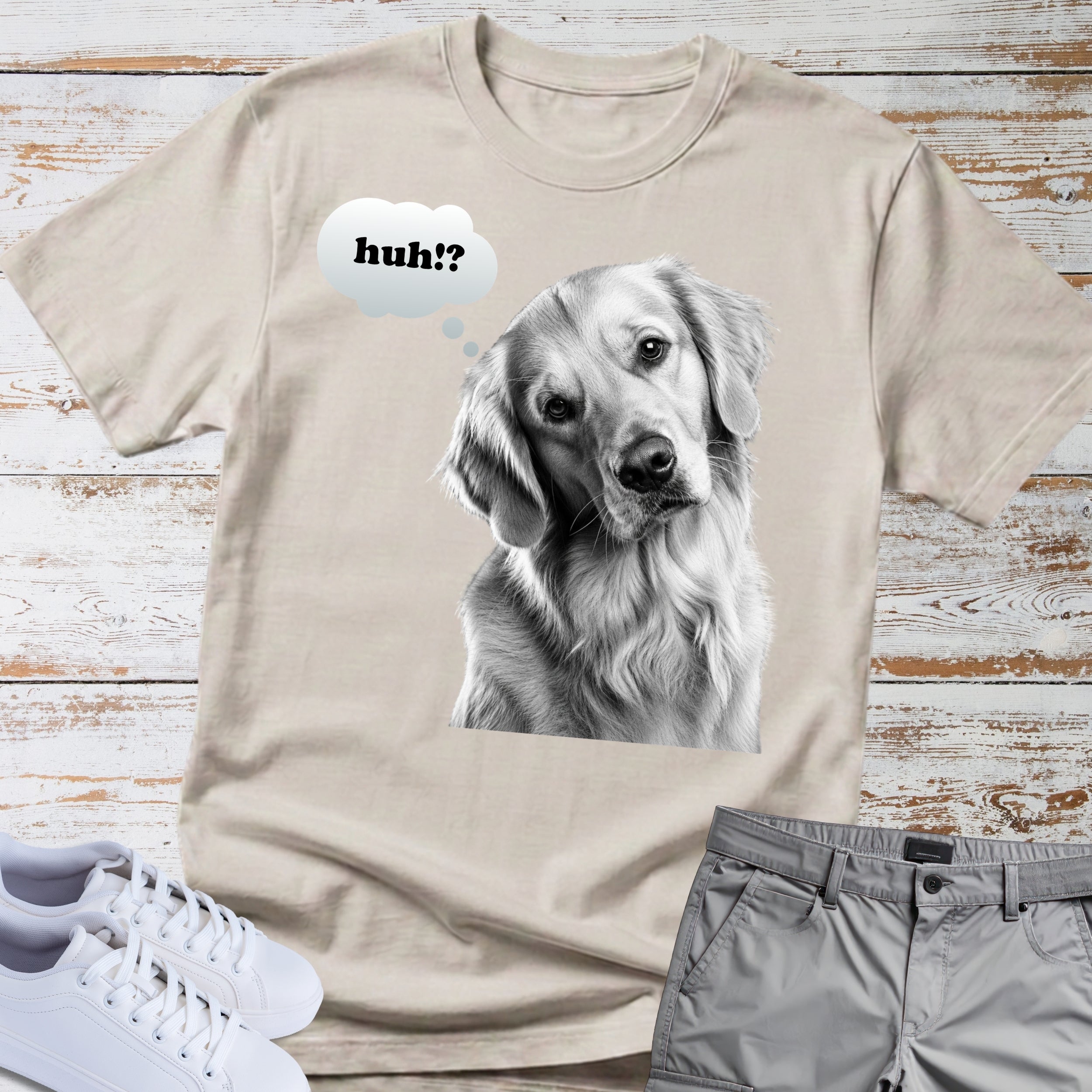 Golden Retriever "huh?" Thought Bubble T-Shirt