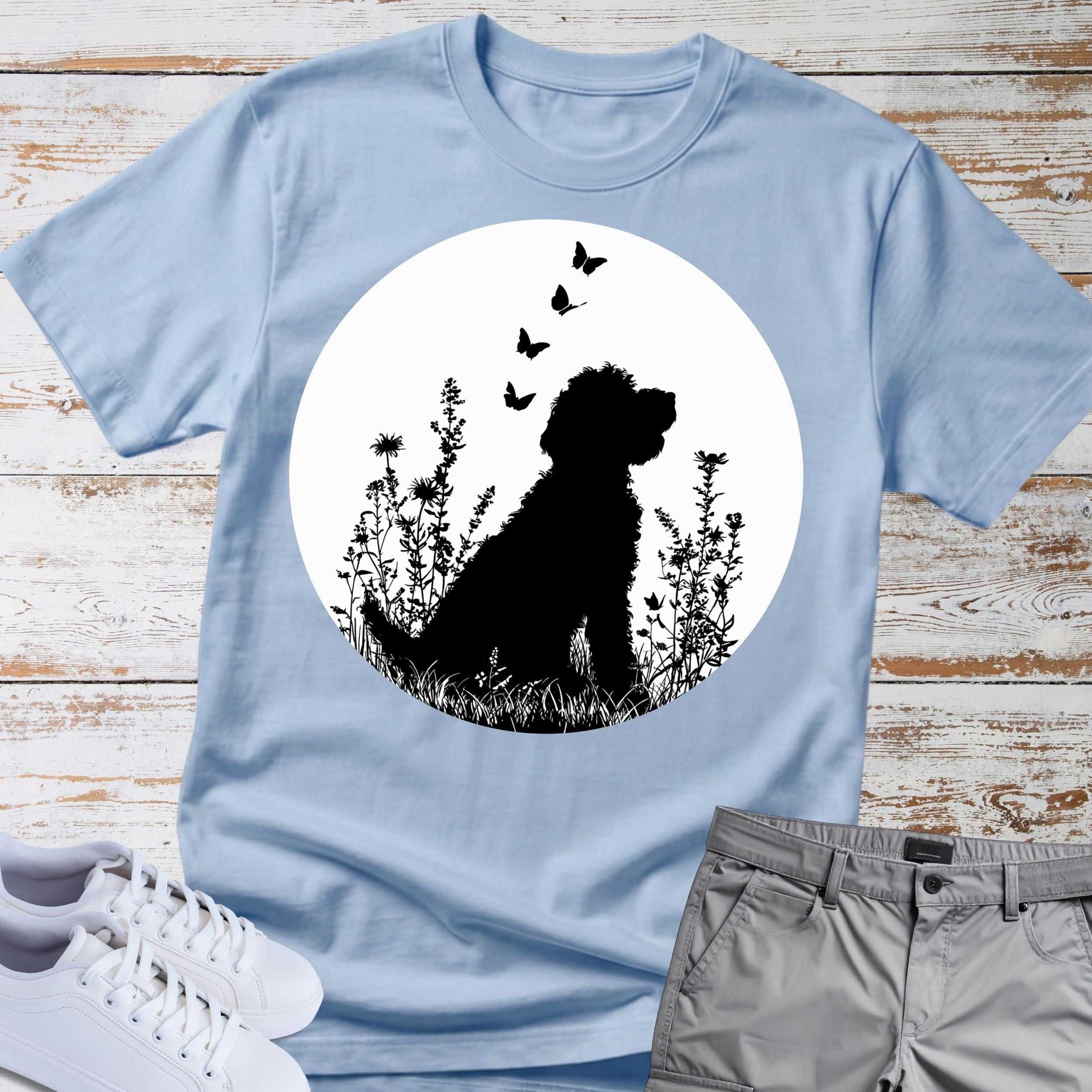 Goldendoodle Silhouette Floral Meadow Butterflies T-Shirt