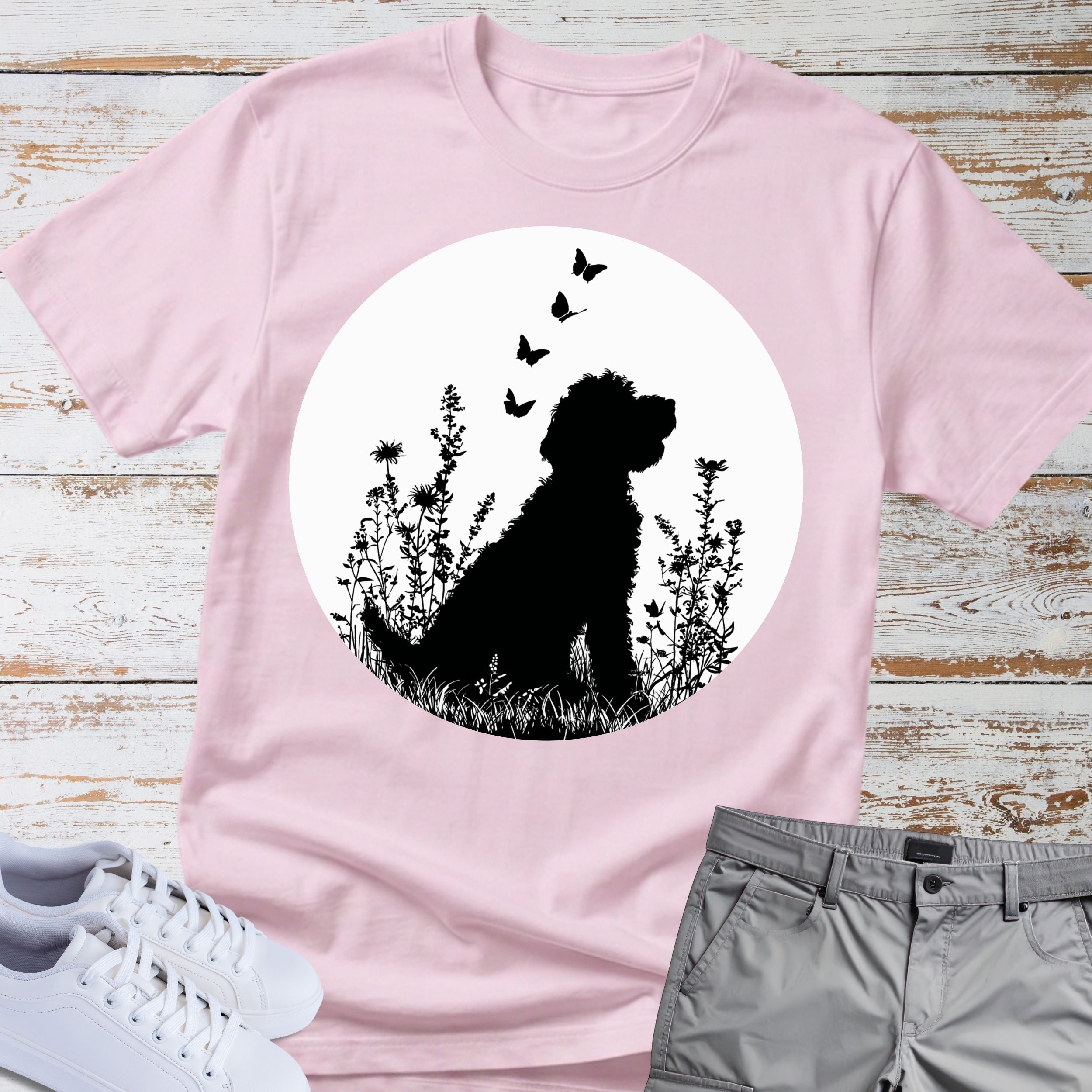Goldendoodle Silhouette Floral Meadow Butterflies T-Shirt