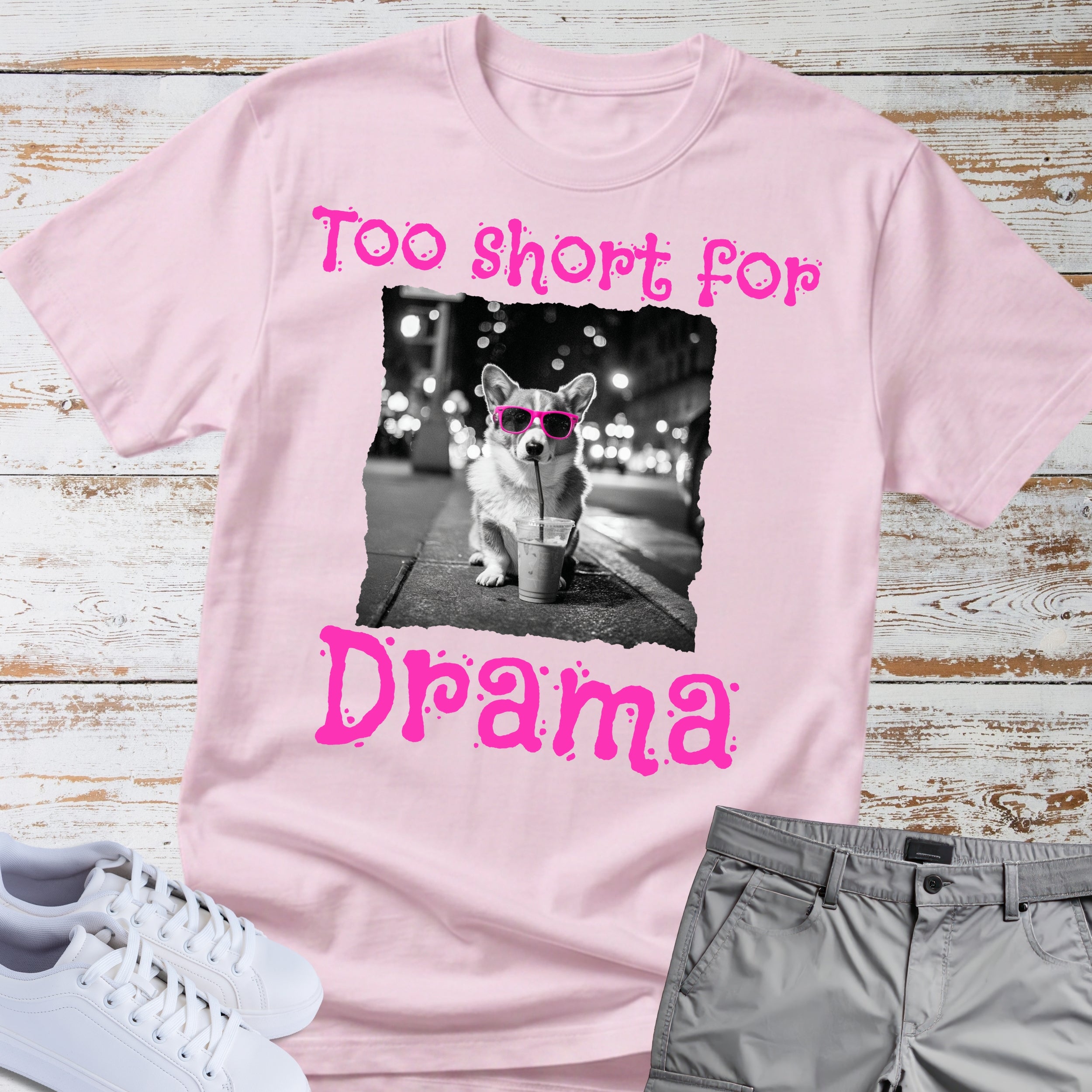Too Short For Drama Corgi T-Shirt, Funny Coffee Dog Shirt, Cute Corgi With Sunglasses Tee, Dog Lover Gift, Sassy Corgi Apparel